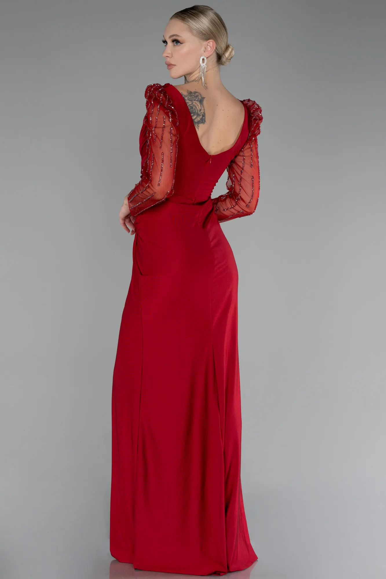 Red-Stoned Long Sleeve Slit Evening Gown ABU4117