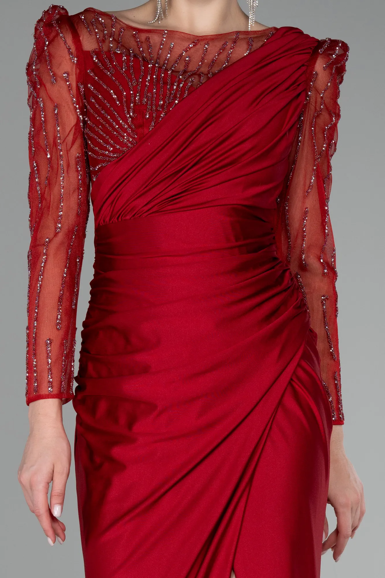 Red-Stoned Long Sleeve Slit Evening Gown ABU4117