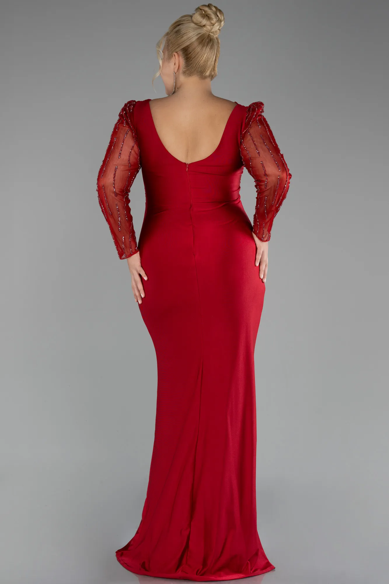 Red-Stoned Long Sleeve Slit Plus Size Evening Gown ABU4119