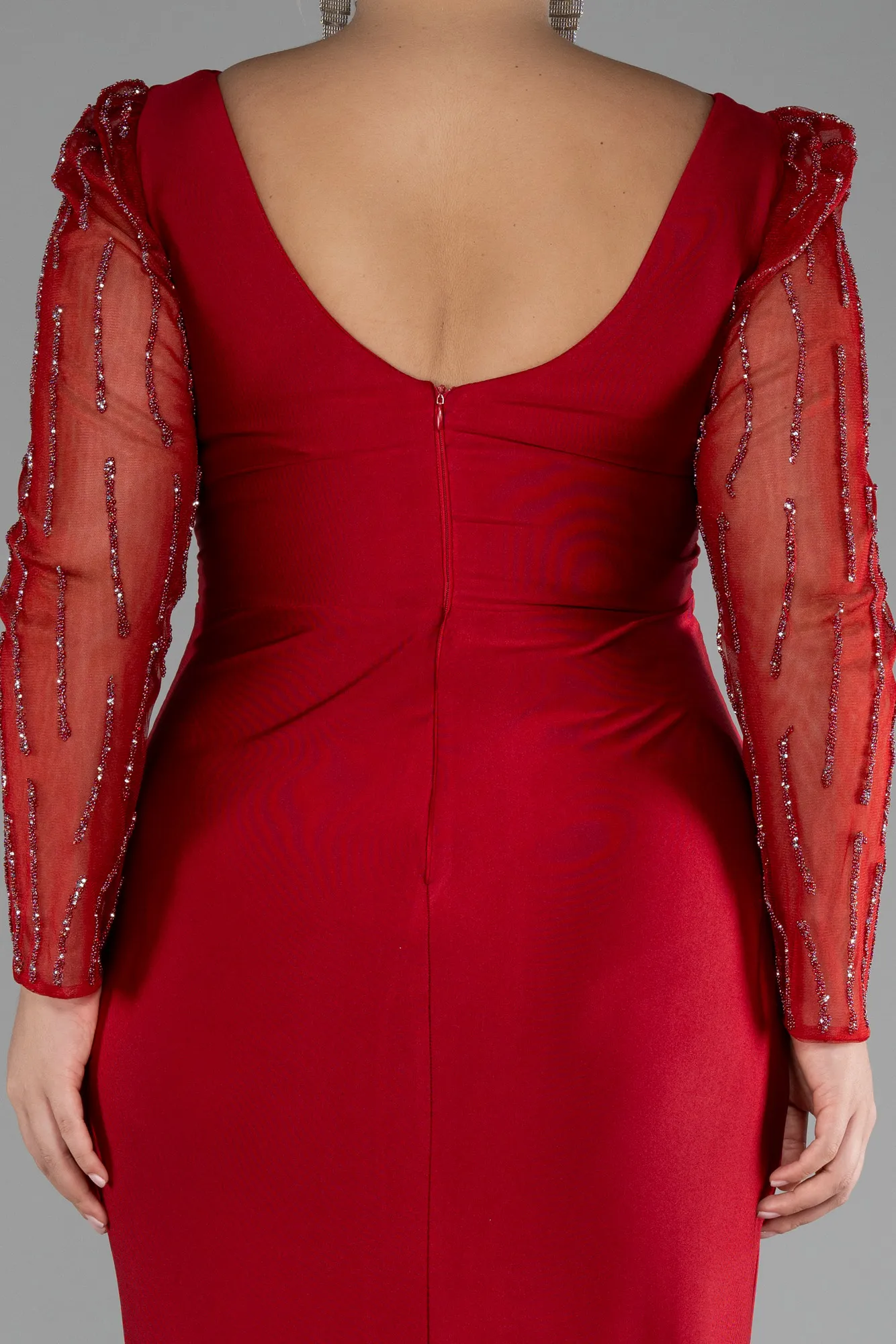 Red-Stoned Long Sleeve Slit Plus Size Evening Gown ABU4119