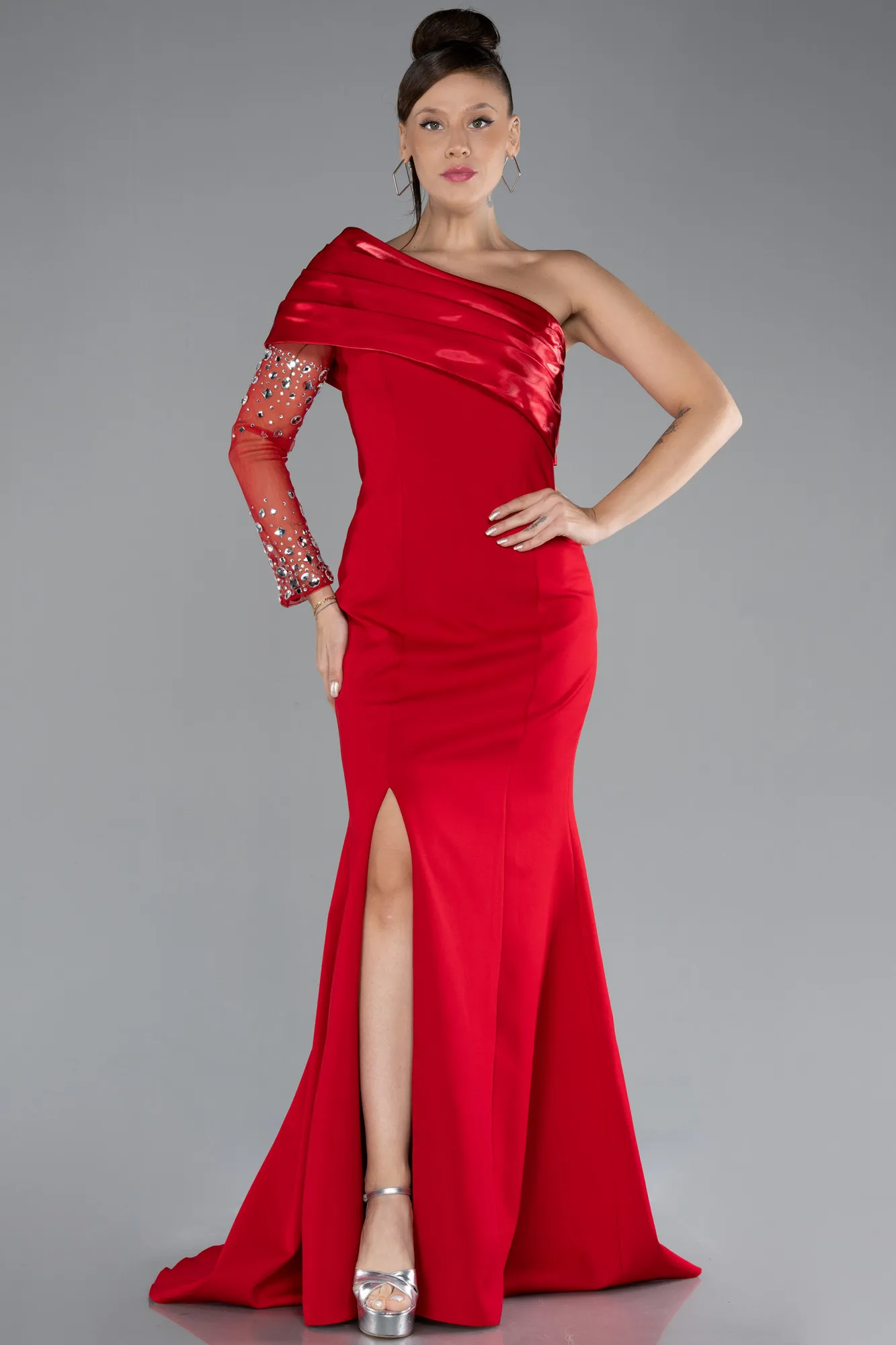 Red-Stoned Single Sleeve Slit Long Mermaid Prom Dress ABU4350