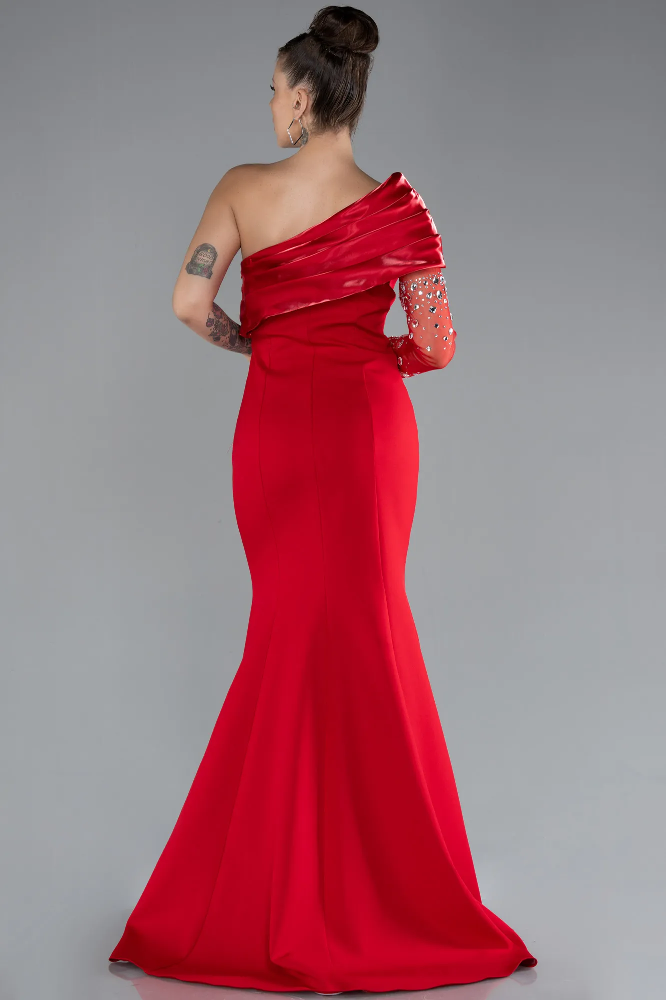 Red-Stoned Single Sleeve Slit Long Mermaid Prom Dress ABU4350