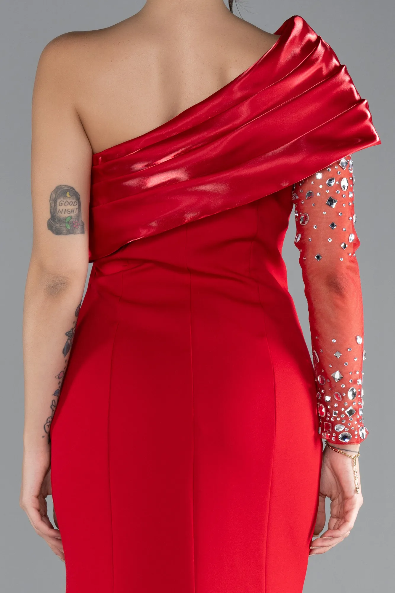 Red-Stoned Single Sleeve Slit Long Mermaid Prom Dress ABU4350