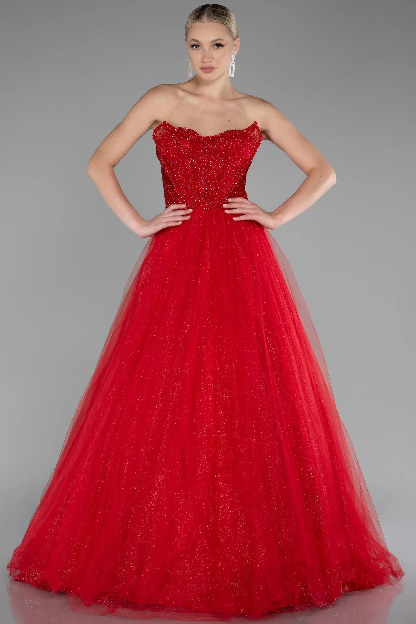 Red-Stoned Strapless Glitter Collar Long Ball Gown ABU4185