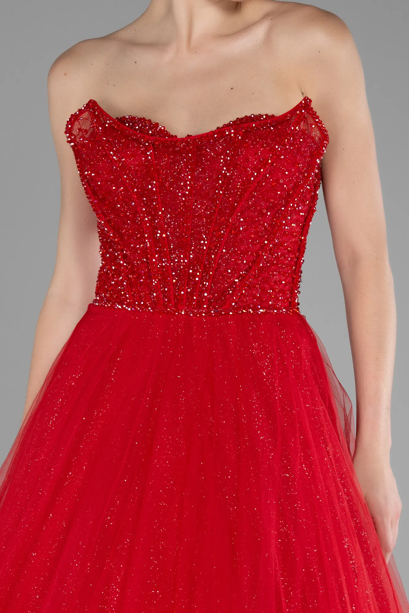 Red-Stoned Strapless Glitter Collar Long Ball Gown ABU4185