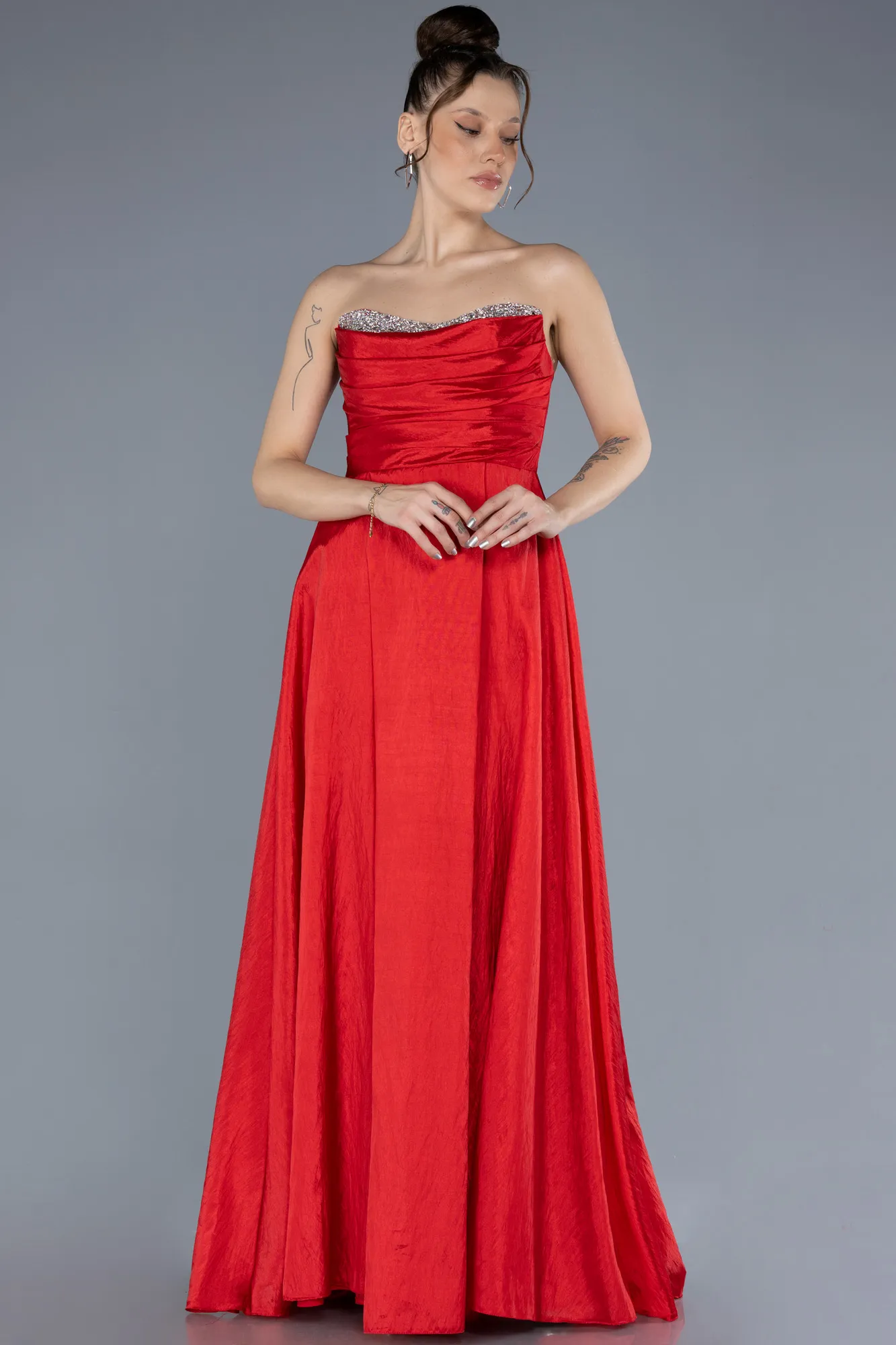 Red-Stoned Strapless Long Taffeta Evening Gown ABU4579