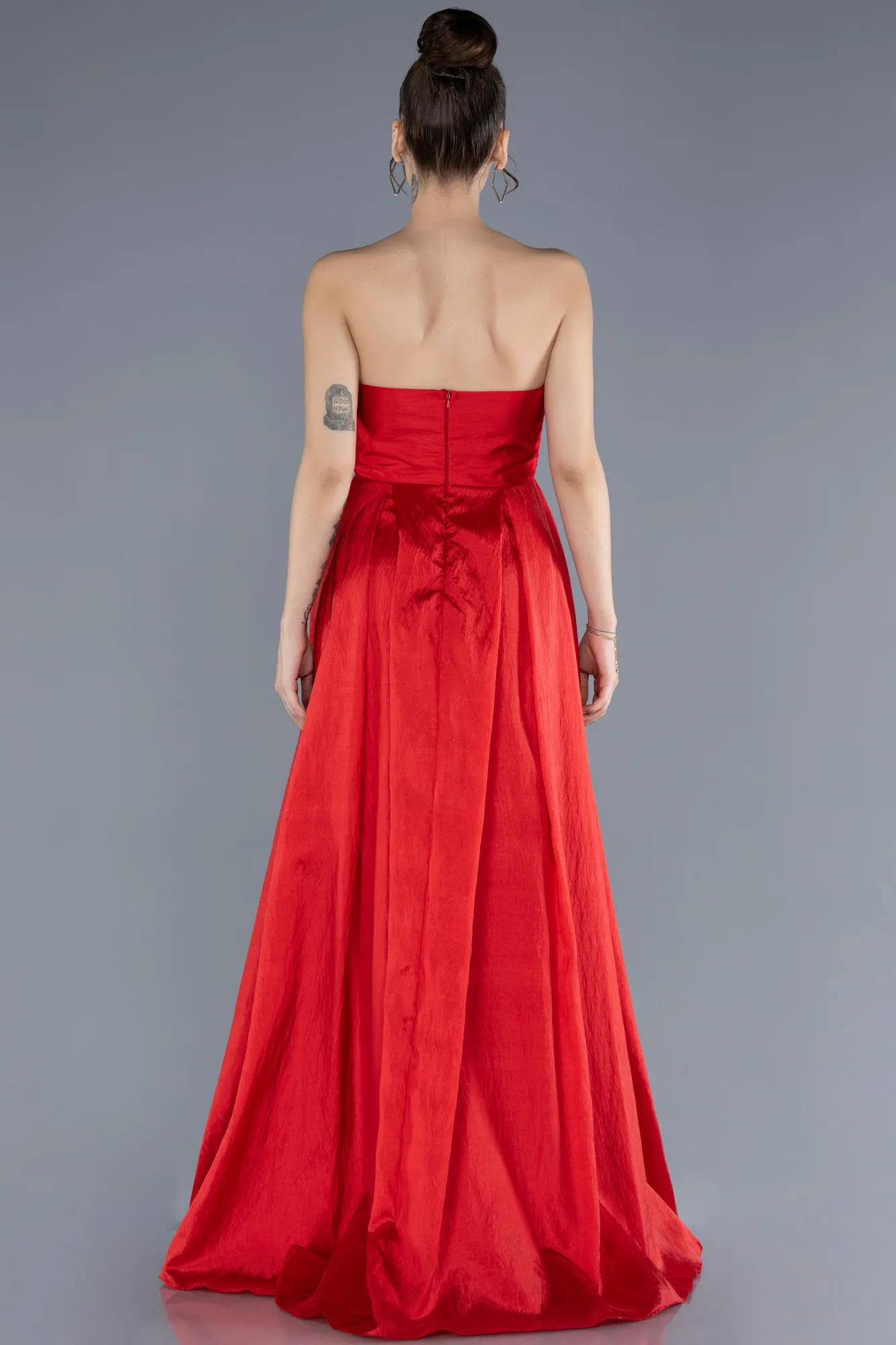 Red-Stoned Strapless Long Taffeta Evening Gown ABU4579