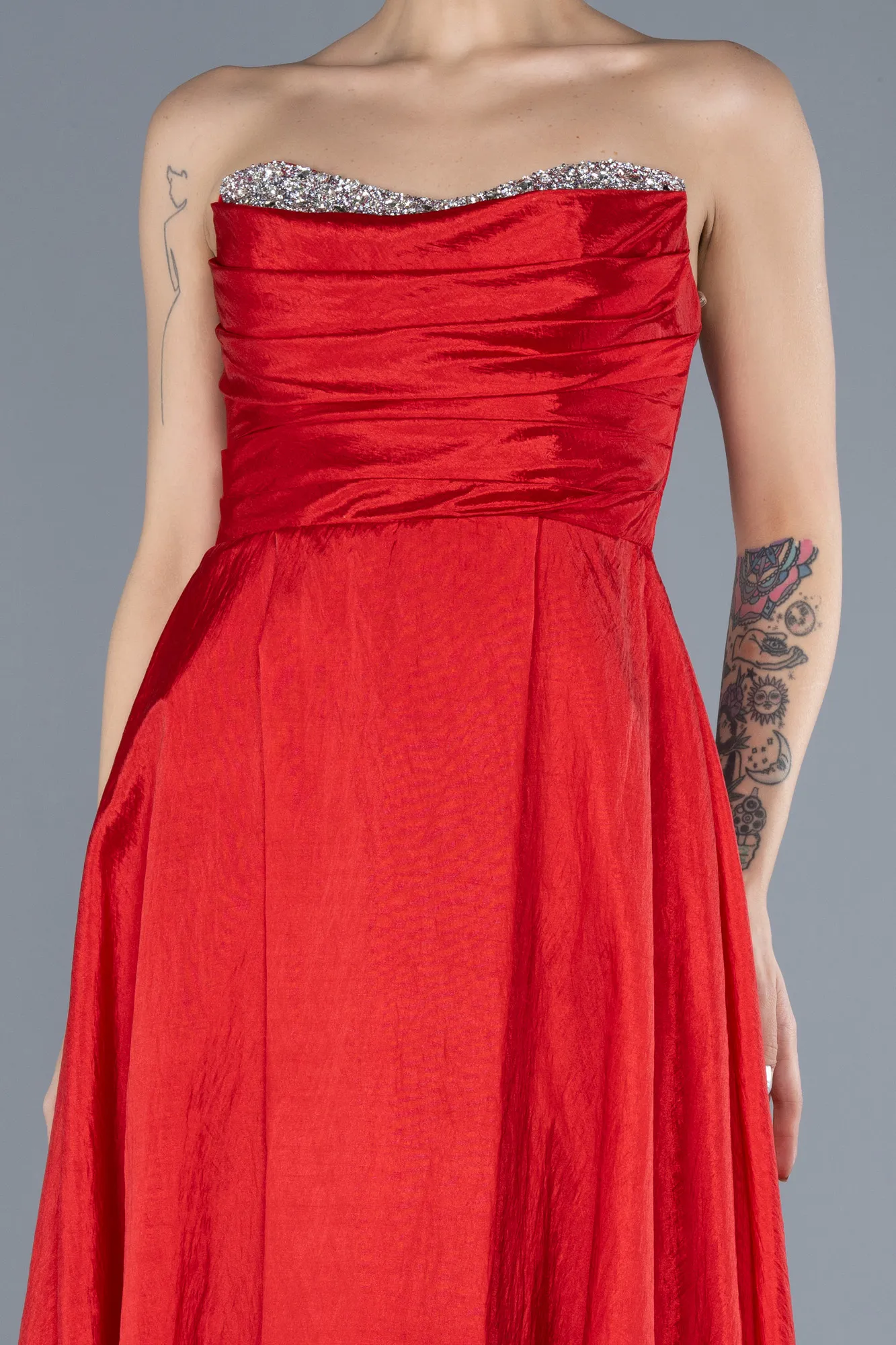 Red-Stoned Strapless Long Taffeta Evening Gown ABU4579