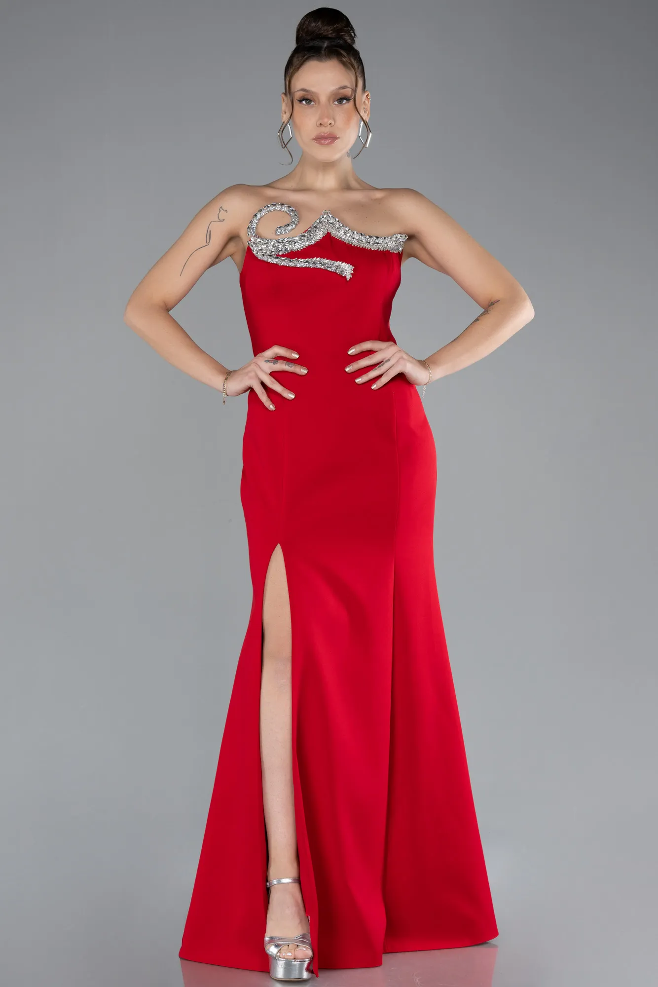 Red-Stoned Strapless Neckline Slit Long Evening Gown ABU4379