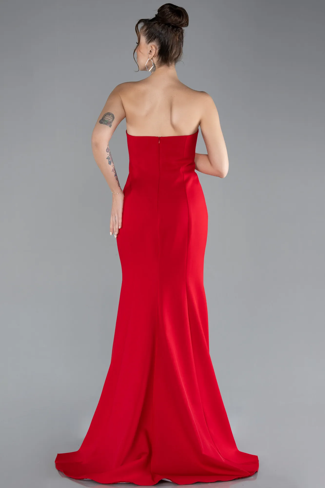 Red-Stoned Strapless Neckline Slit Long Evening Gown ABU4379