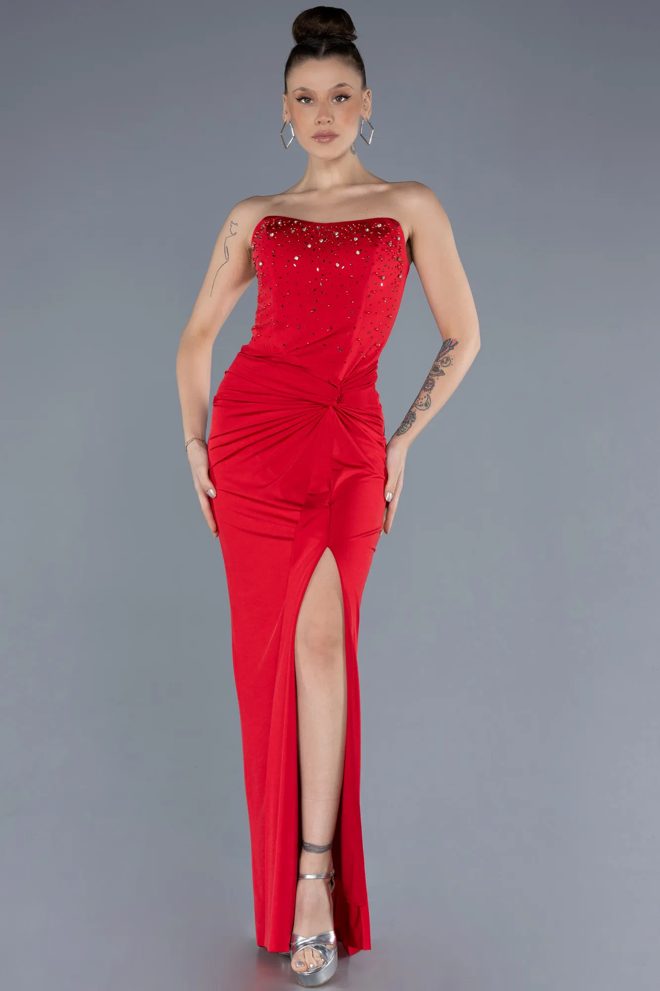 Red-Stoned Strapless Slit Long Prom Gown ABU4602