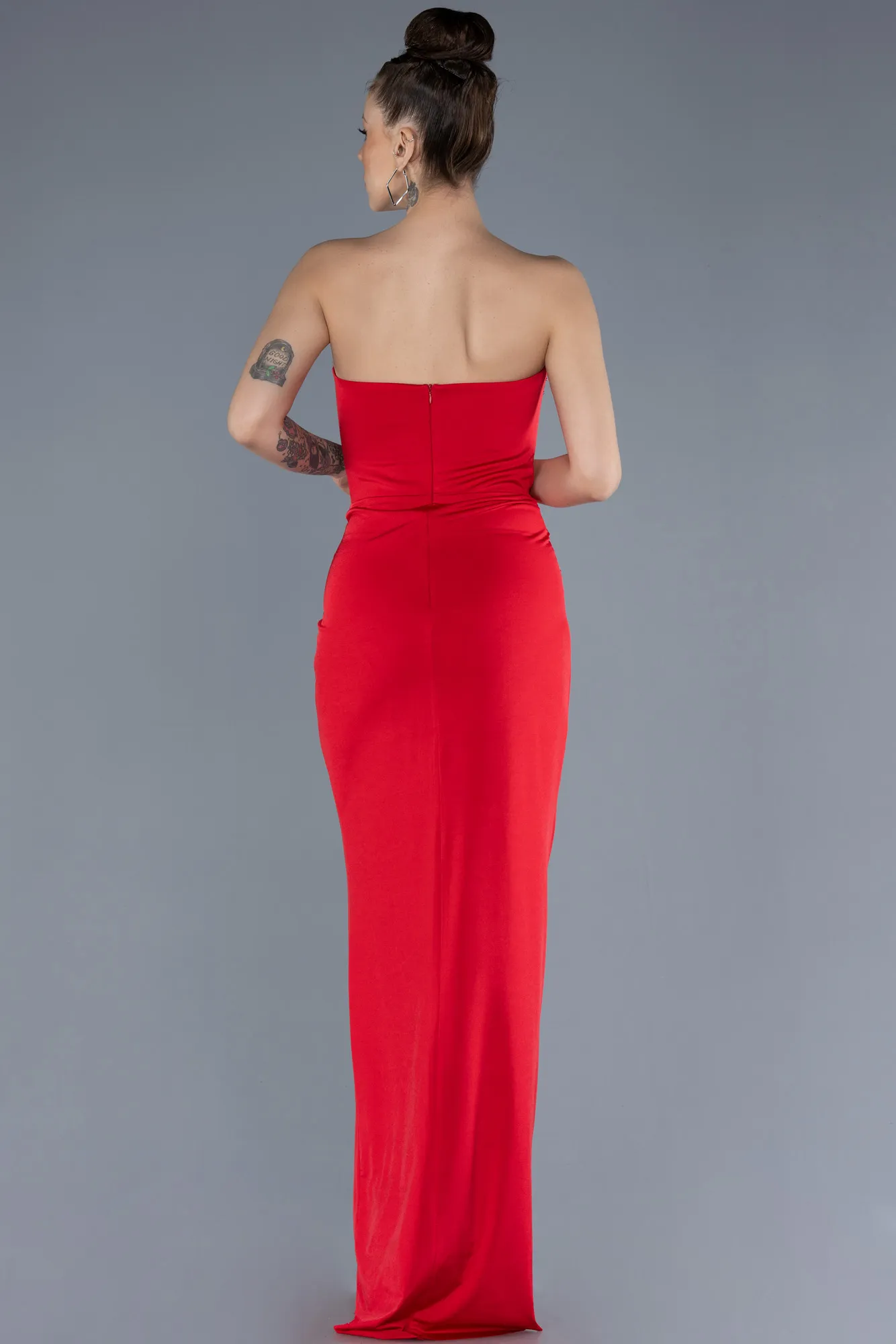 Red-Stoned Strapless Slit Long Prom Gown ABU4602