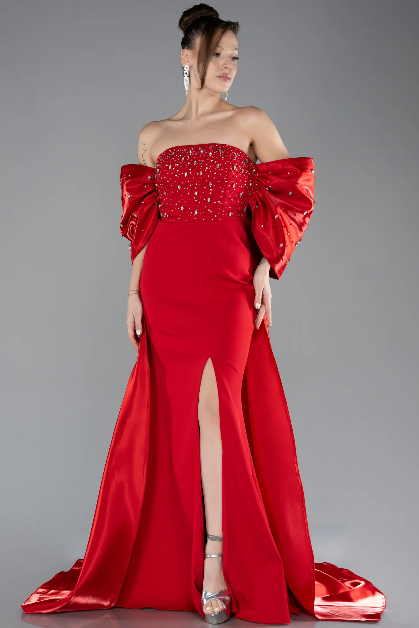 Red-Stoned Strapless Slit Tail Long Prom Evening Gown ABU4514