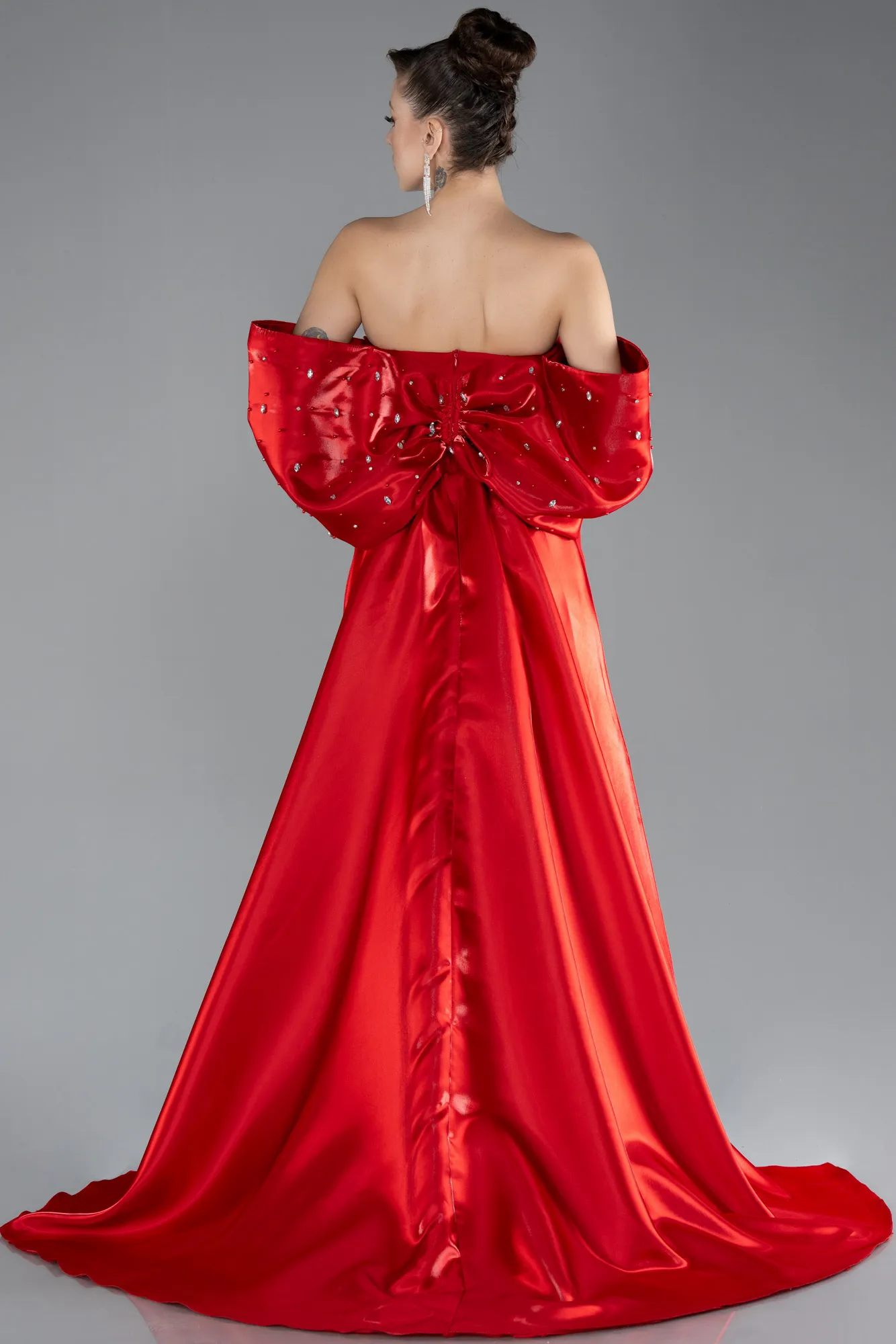 Red-Stoned Strapless Slit Tail Long Prom Evening Gown ABU4514