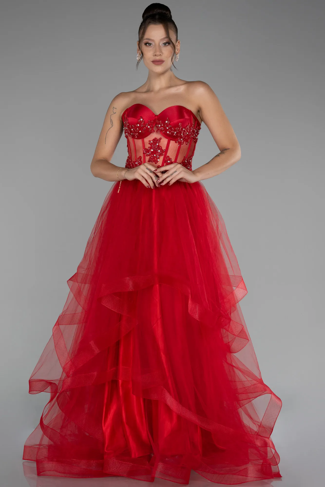 Red-Strapless Embroidered Ball Gown ABU4153