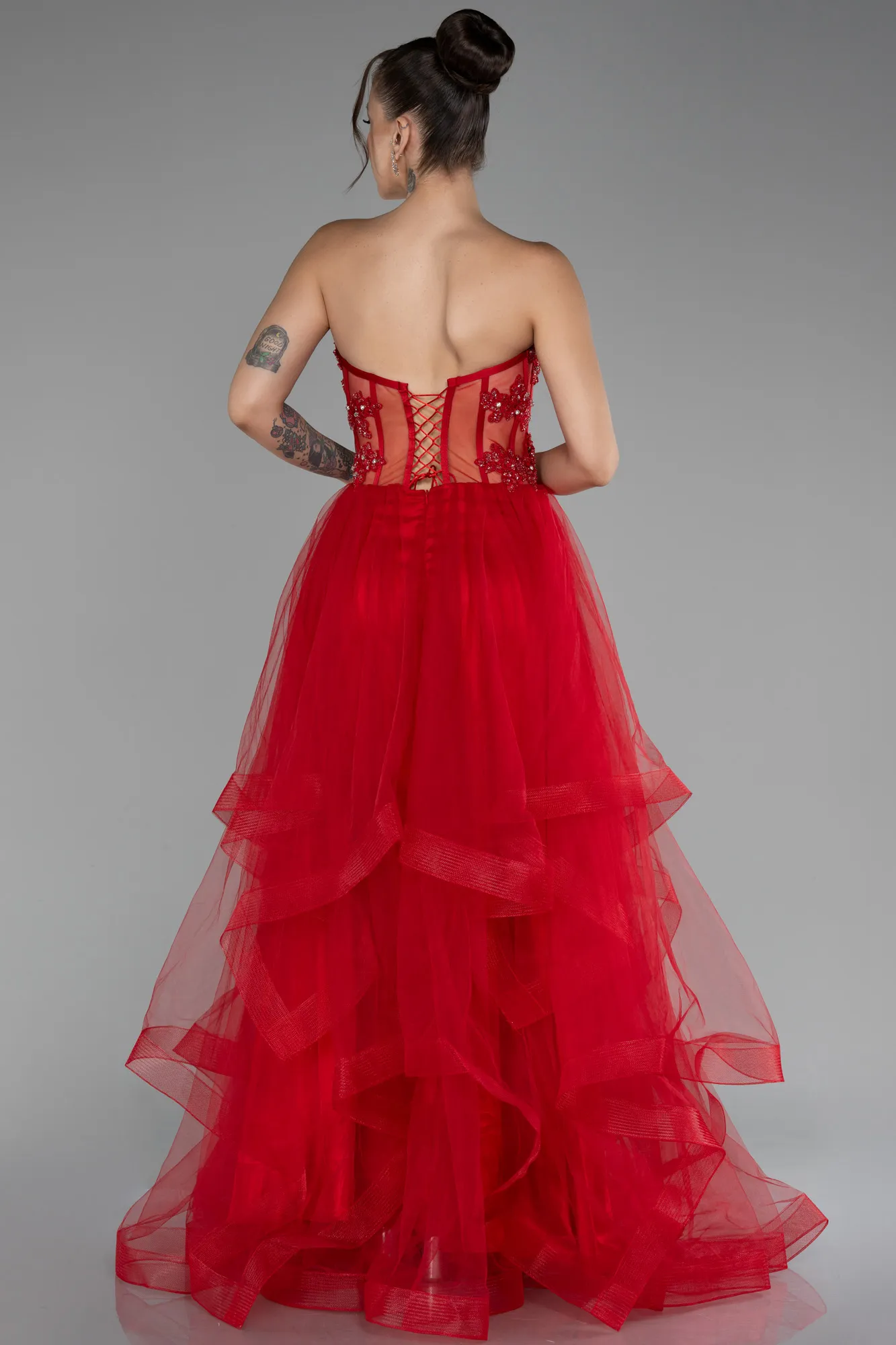 Red-Strapless Embroidered Ball Gown ABU4153