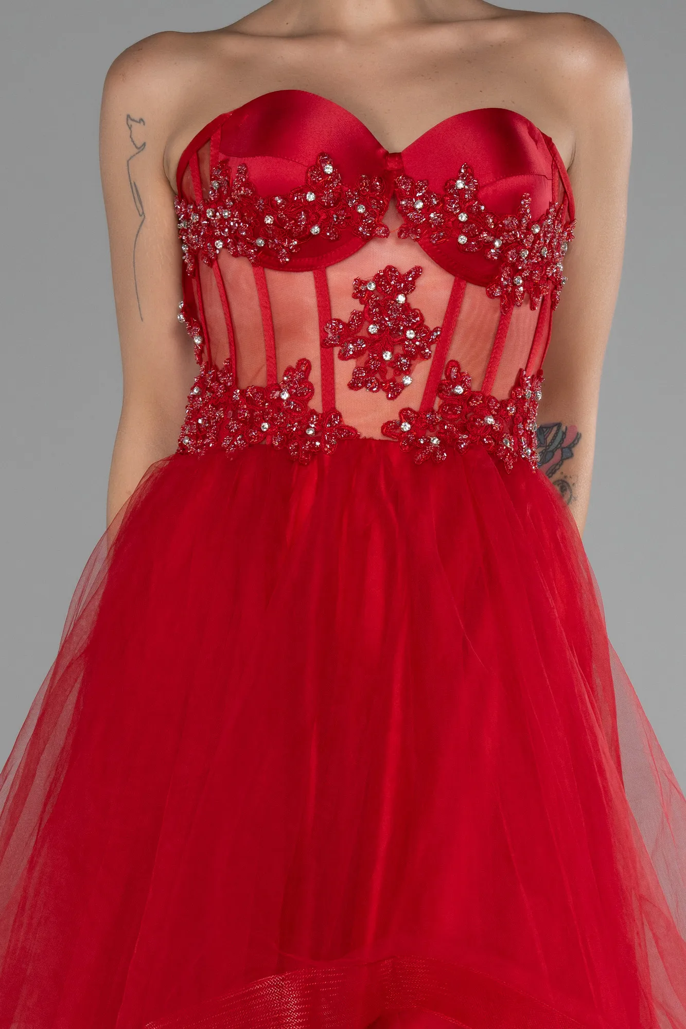 Red-Strapless Embroidered Ball Gown ABU4153