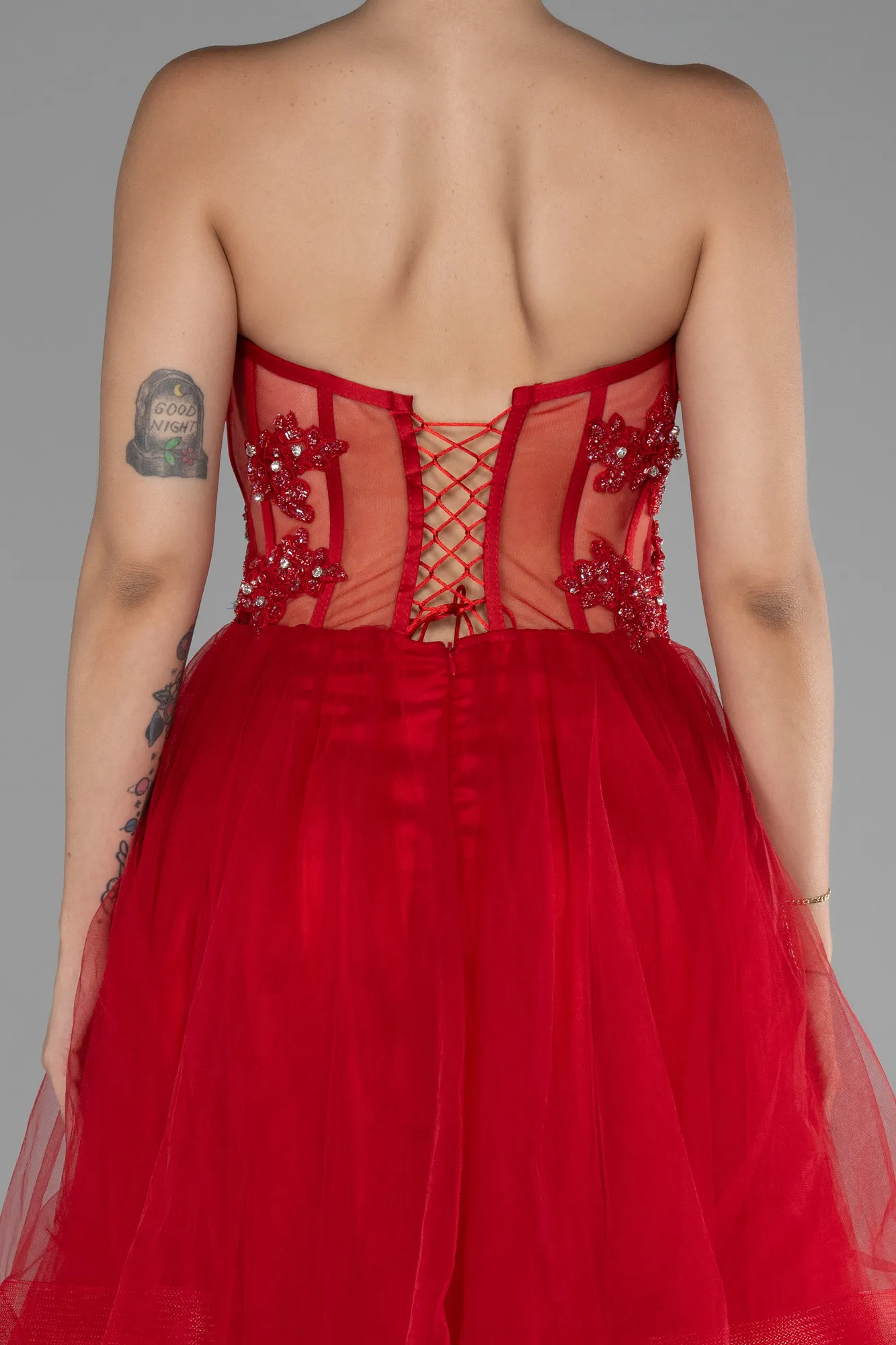 Red-Strapless Embroidered Ball Gown ABU4153