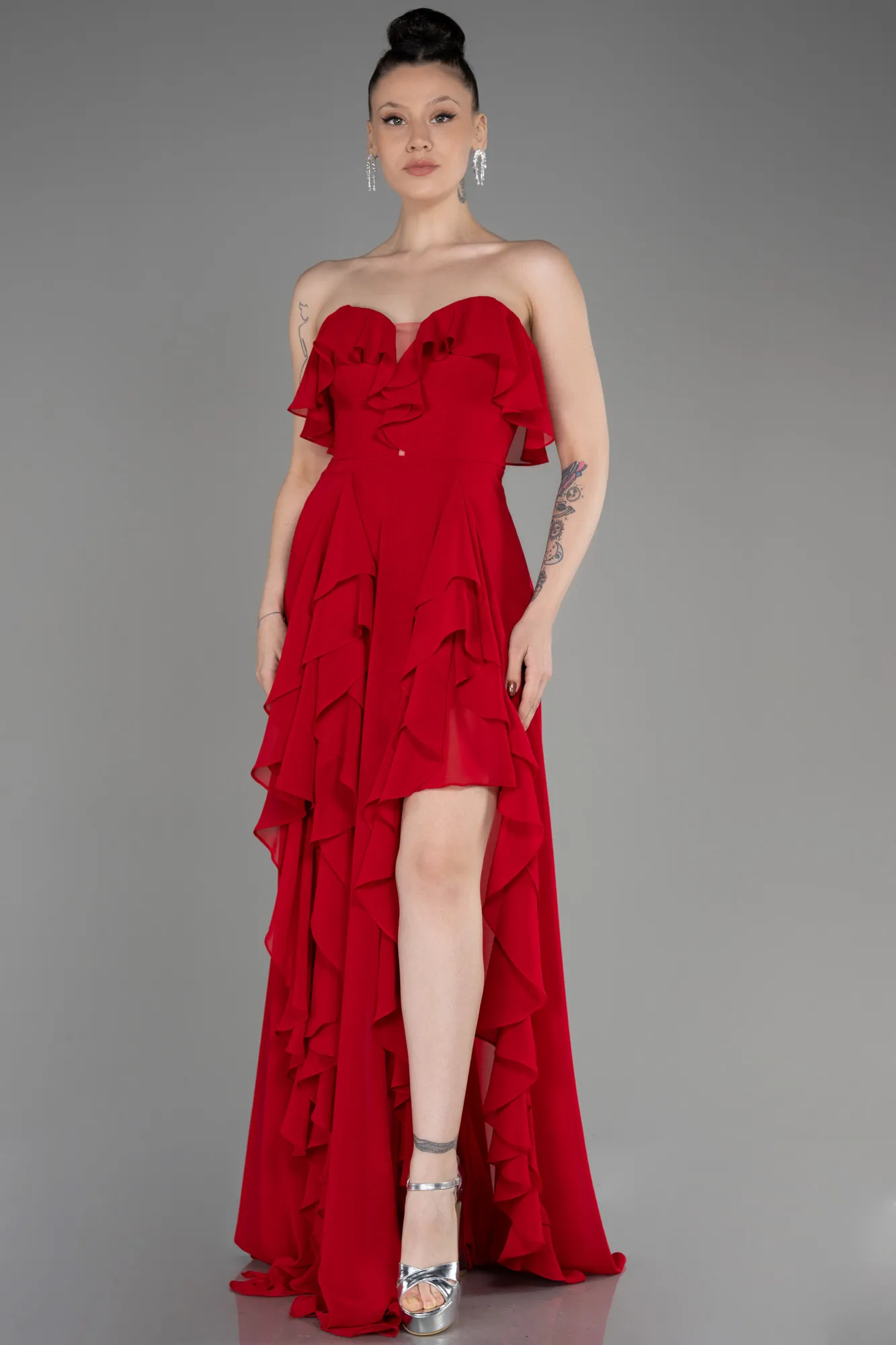 Red-Strapless Long Chiffon Prom Dress ABU3838