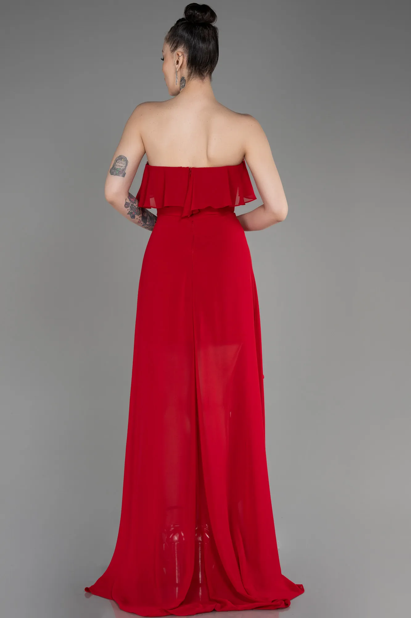 Red-Strapless Long Chiffon Prom Dress ABU3838