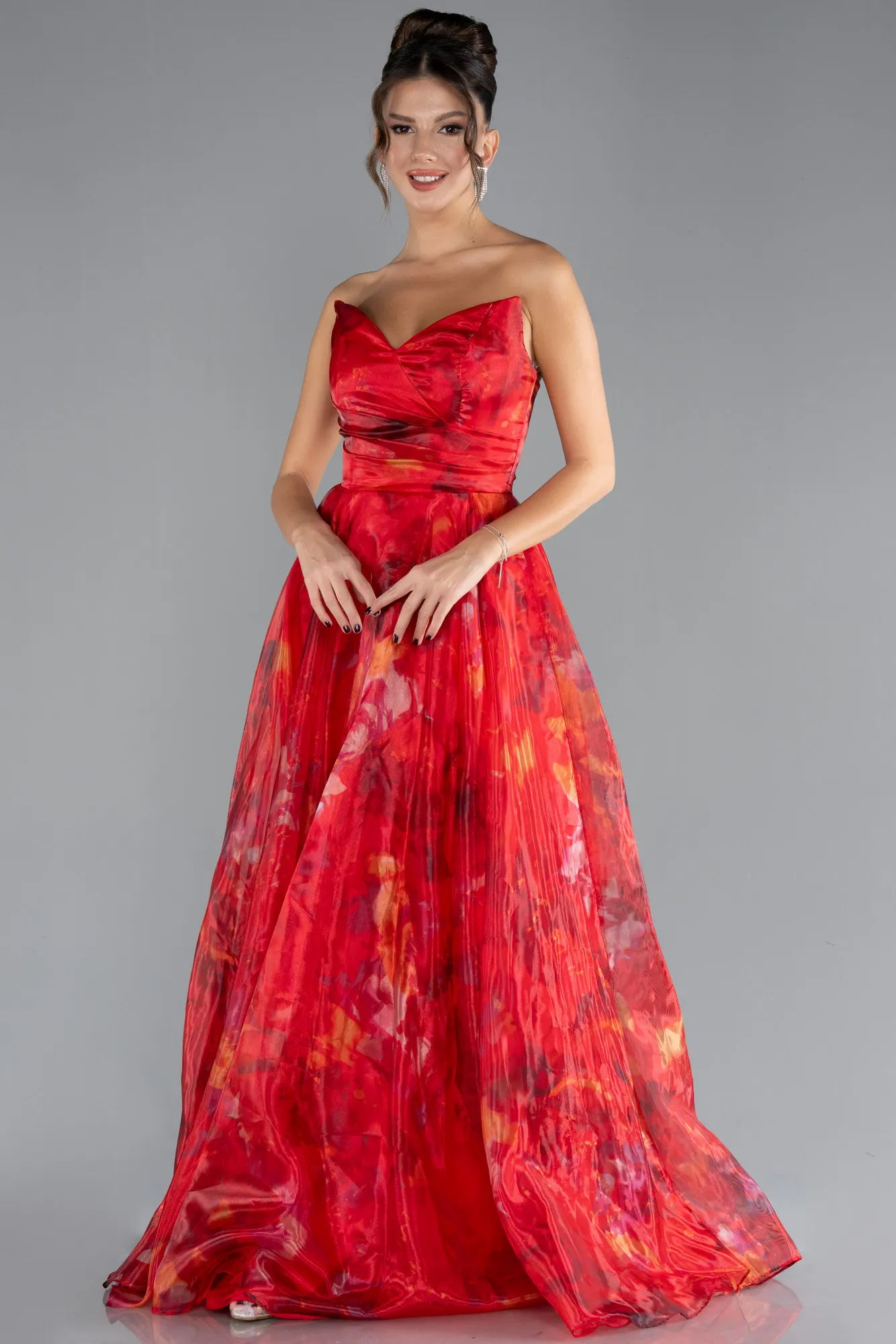 Red-Strapless Long Patterned Prom Gown ABU4585