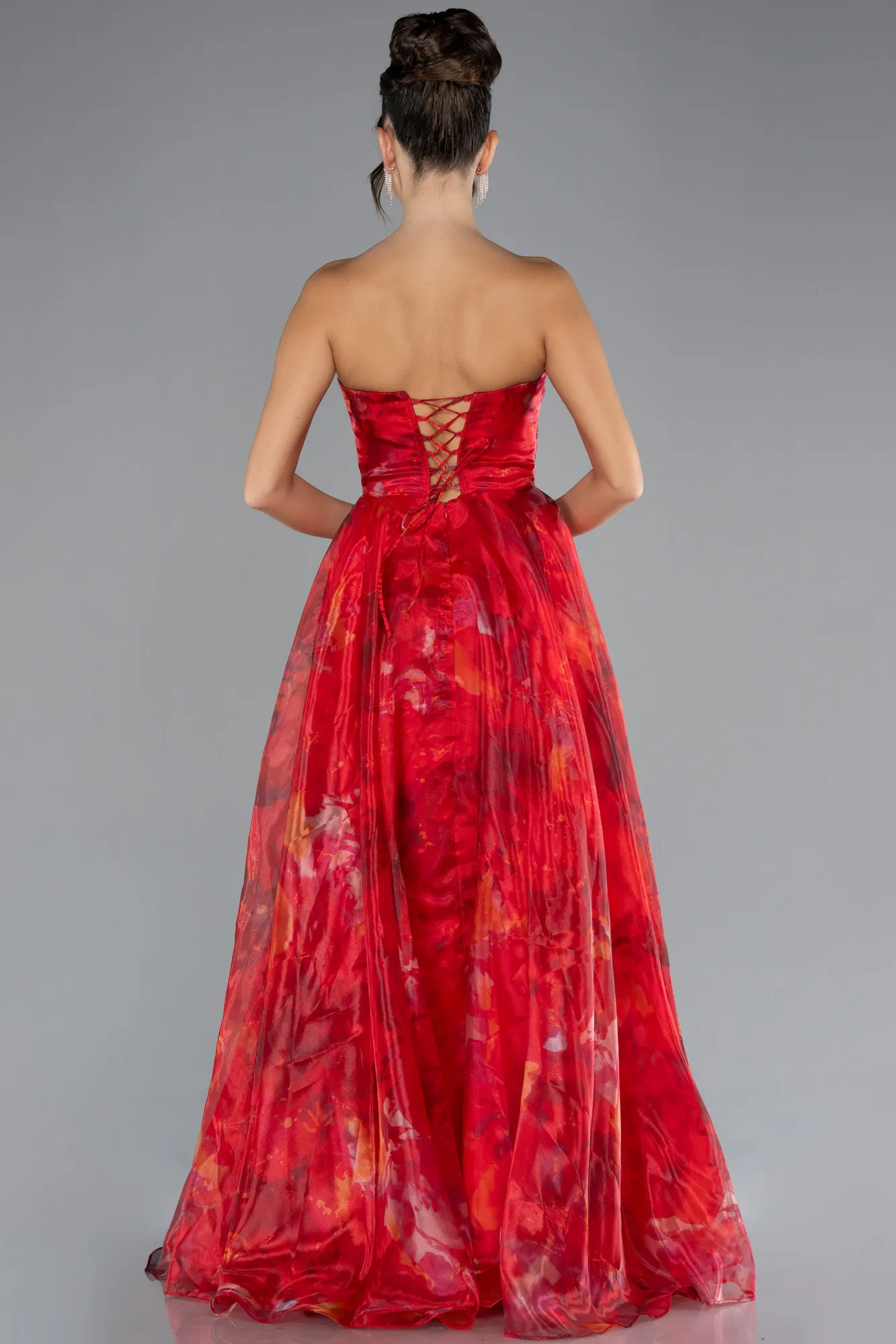 Red-Strapless Long Patterned Prom Gown ABU4585