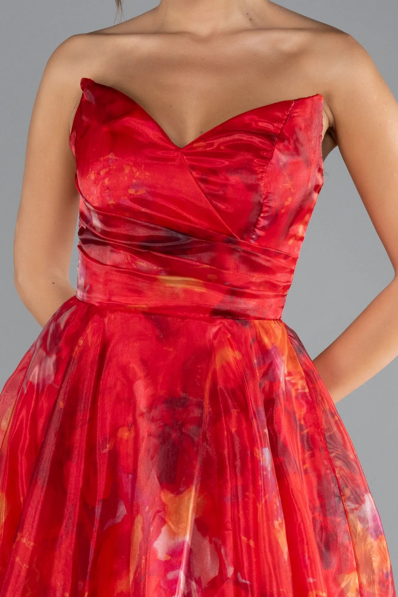 Red-Strapless Long Patterned Prom Gown ABU4585