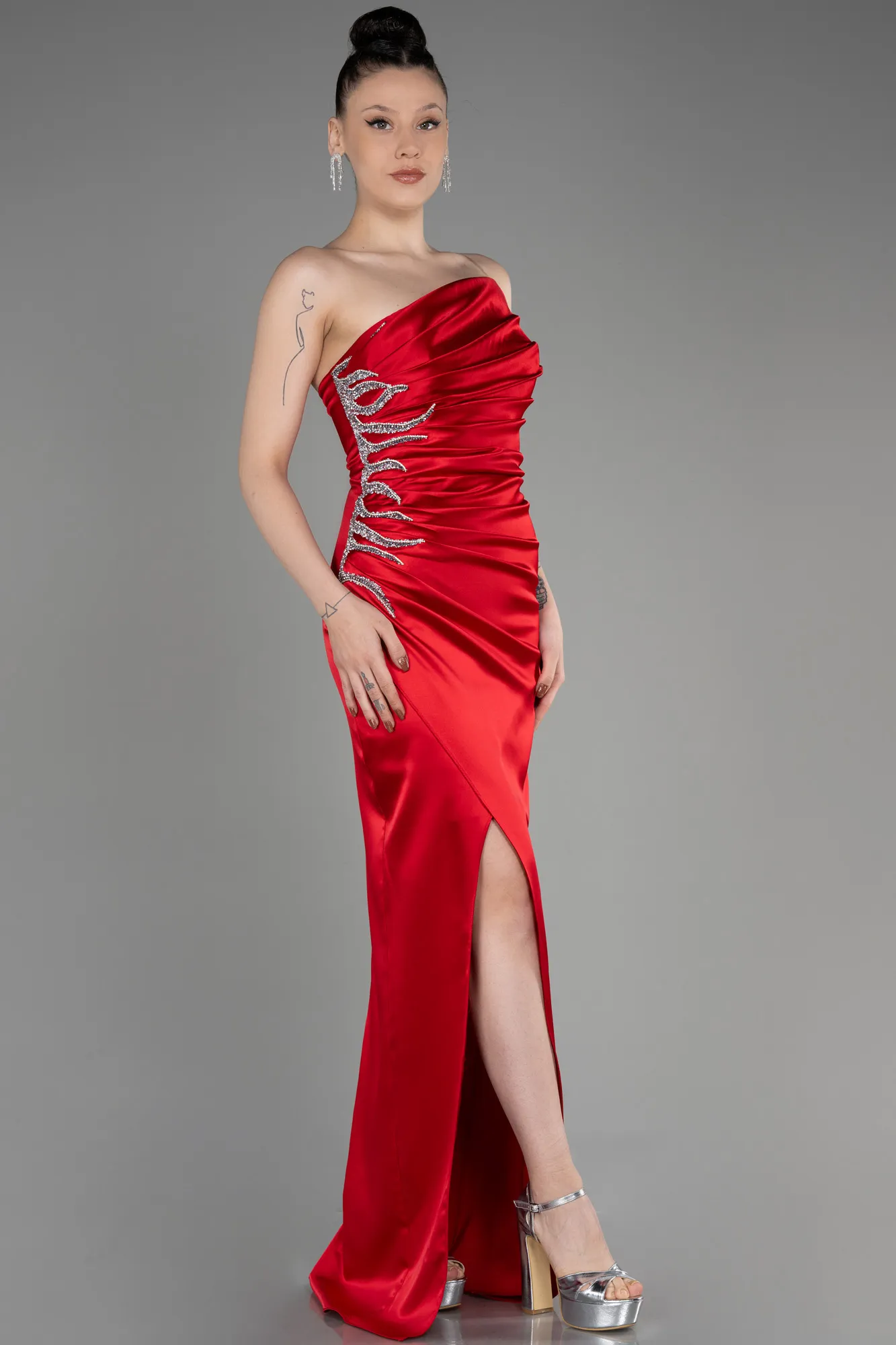 Red-Strapless Long Satin Evening Dress ABU3825