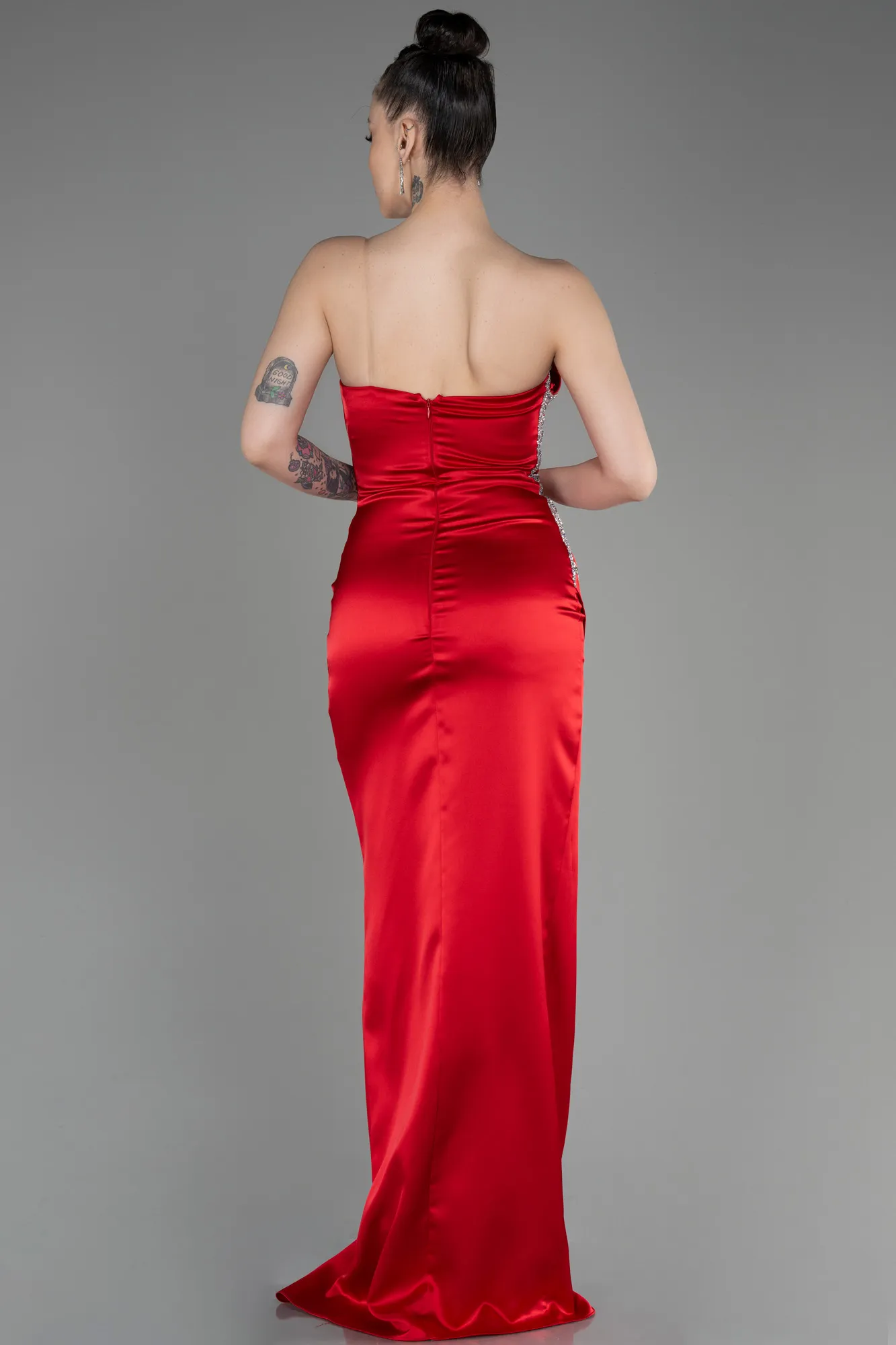 Red-Strapless Long Satin Evening Dress ABU3825