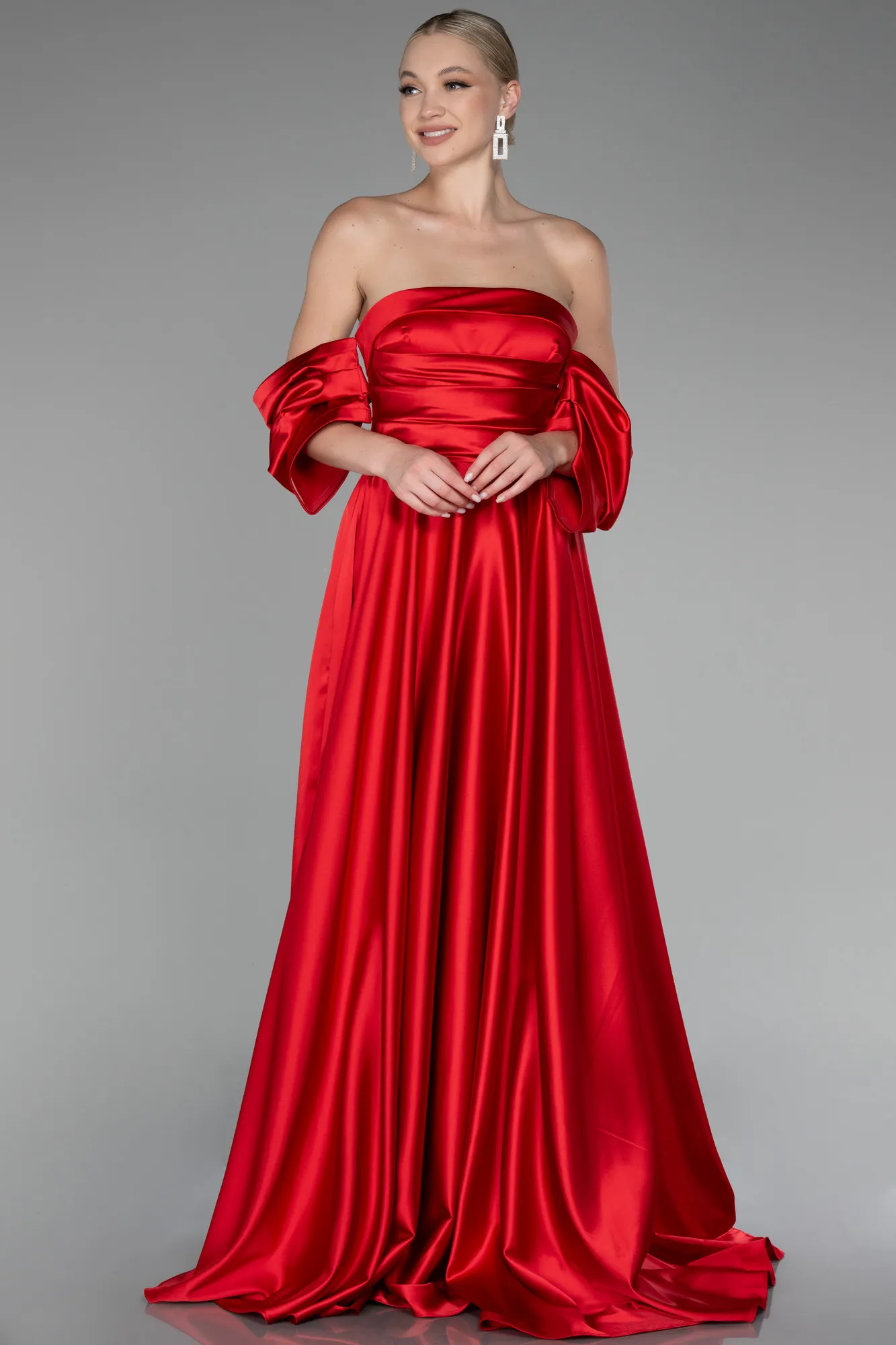 Red-Strapless Long Satin Prom Gown ABU4132