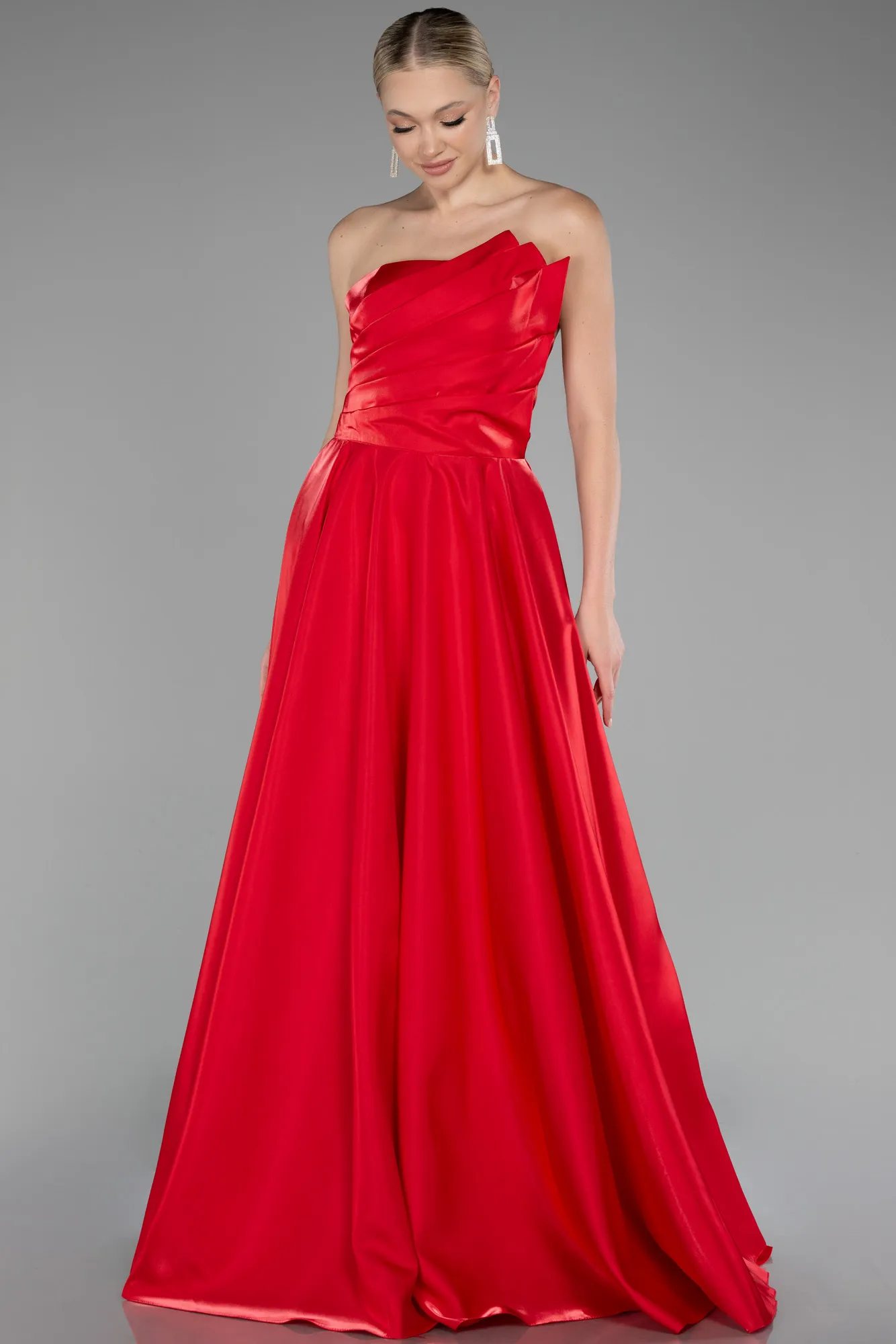 Red-Strapless Long Satin Prom Gown ABU4186