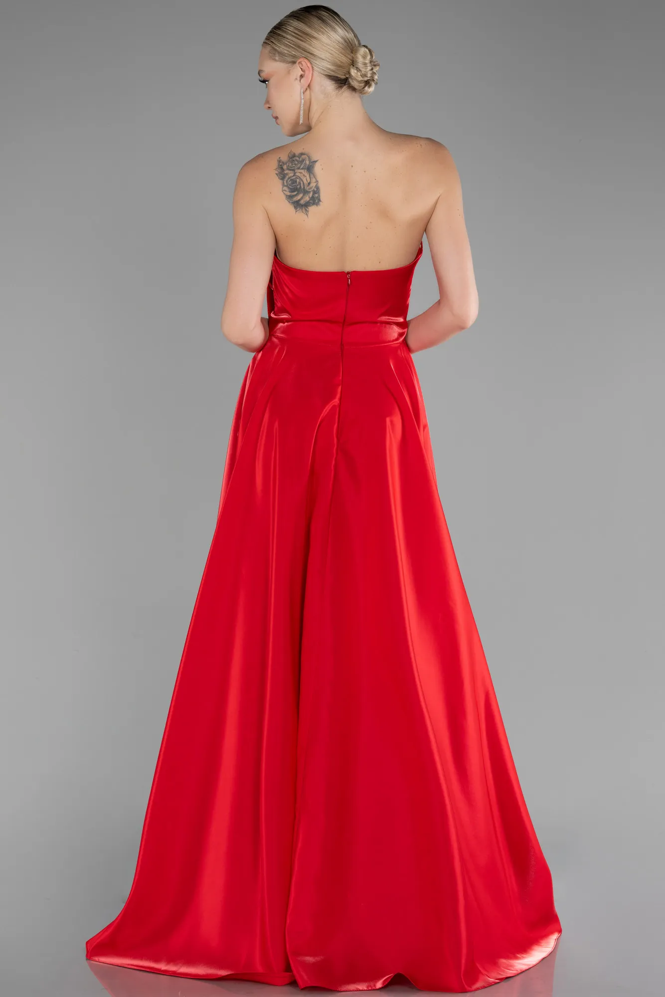 Red-Strapless Long Satin Prom Gown ABU4186