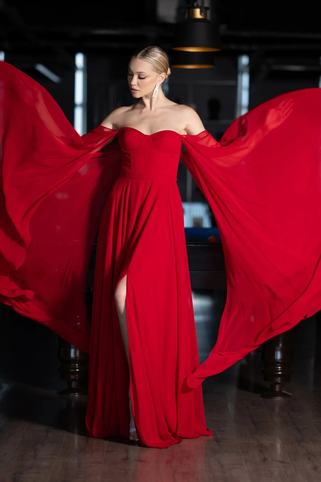 Red-Strapless Shawl Sleeve Long Chiffon Evening Dress ABU4158