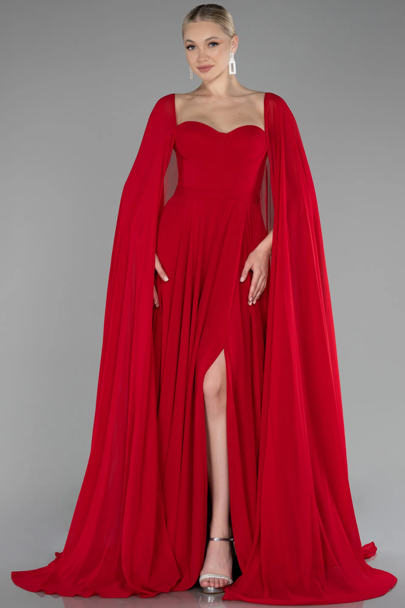 Red-Strapless Shawl Sleeve Long Chiffon Evening Dress ABU4158