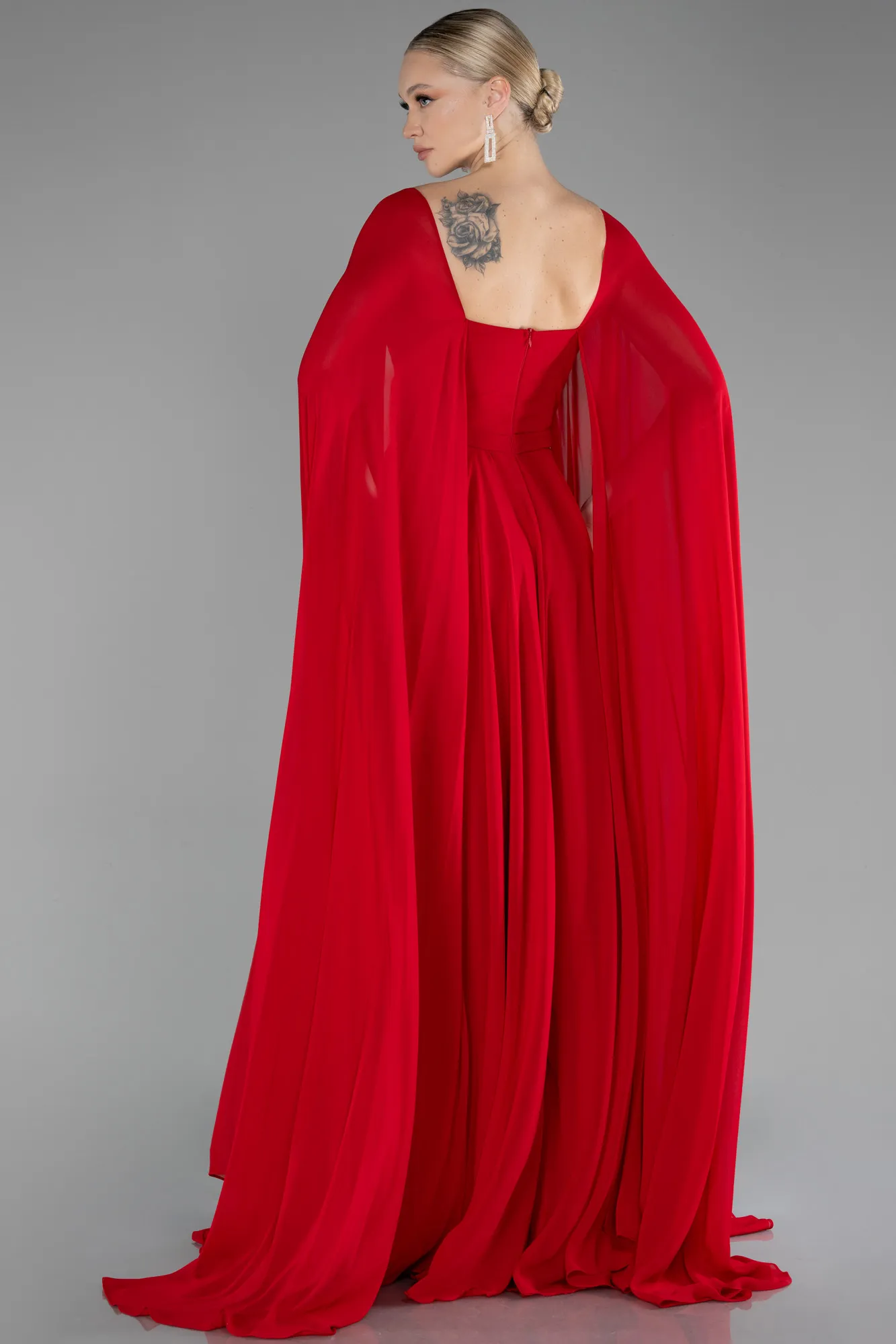 Red-Strapless Shawl Sleeve Long Chiffon Evening Dress ABU4158