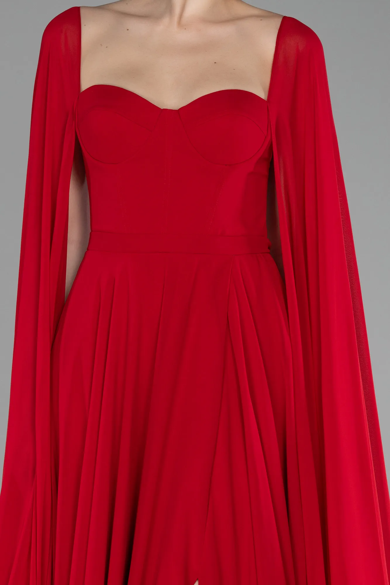 Red-Strapless Shawl Sleeve Long Chiffon Evening Dress ABU4158