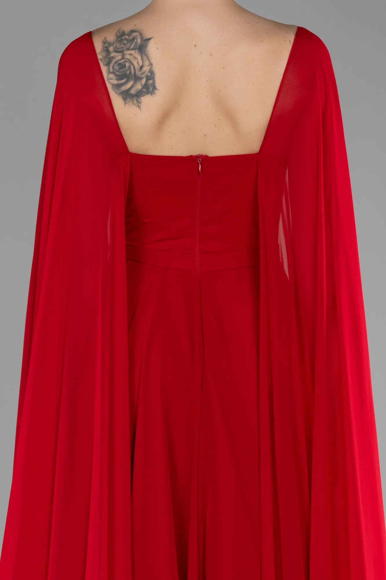 Red-Strapless Shawl Sleeve Long Chiffon Evening Dress ABU4158