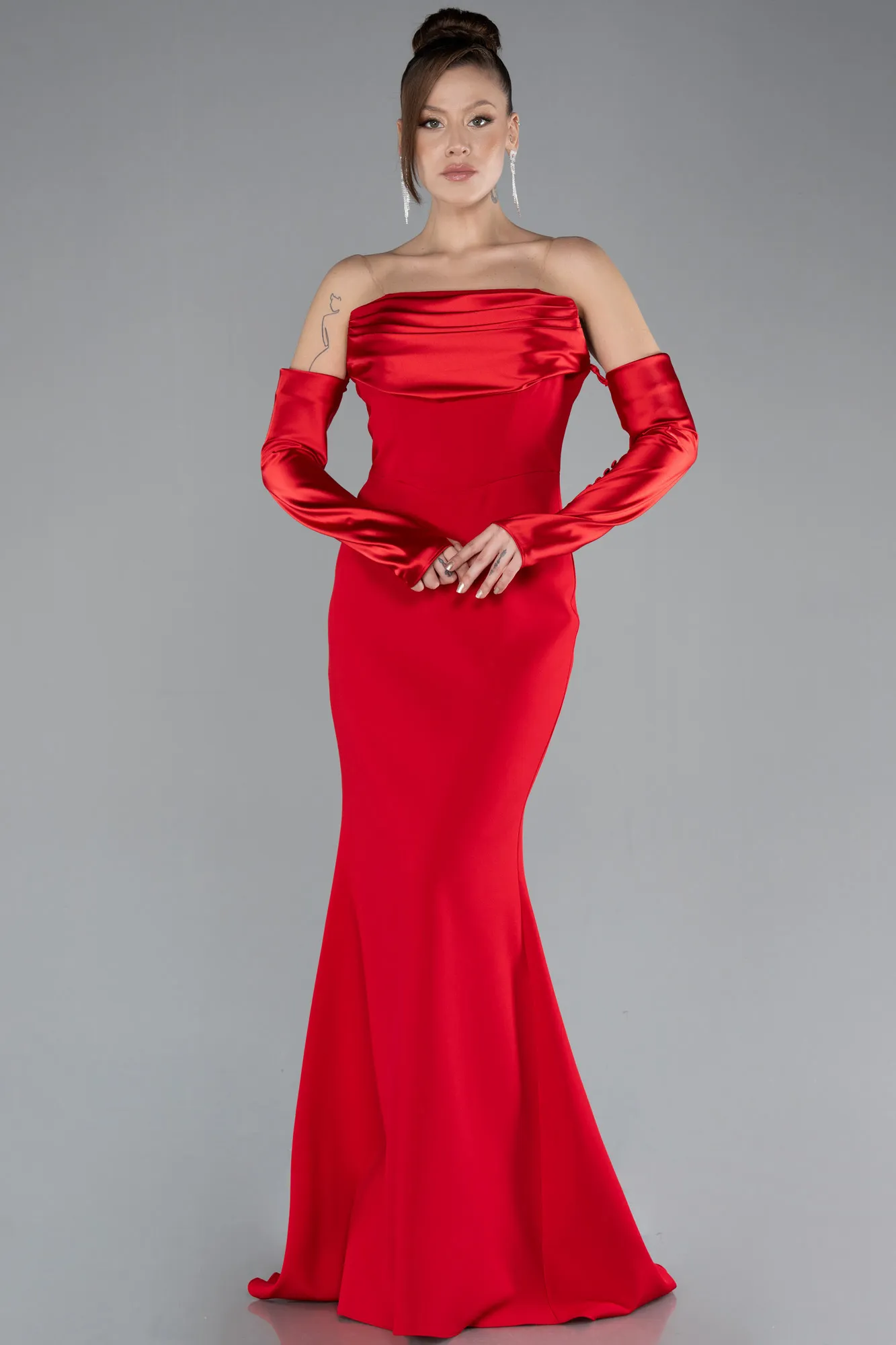 Red-Strapless Sleeve Accessories Long Mermaid Prom Dress ABU4398