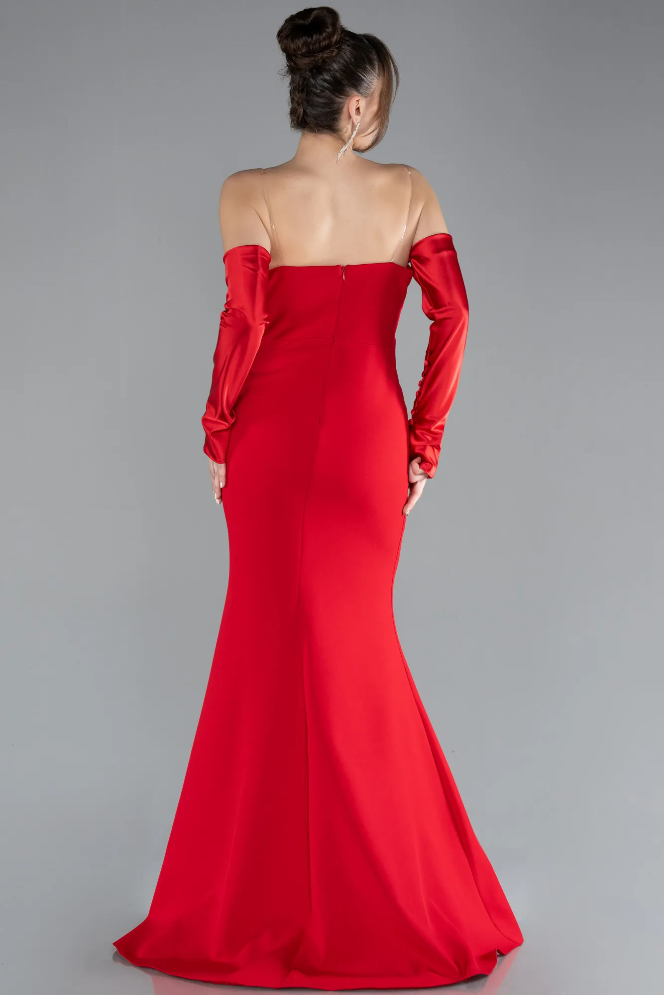 Red-Strapless Sleeve Accessories Long Mermaid Prom Dress ABU4398