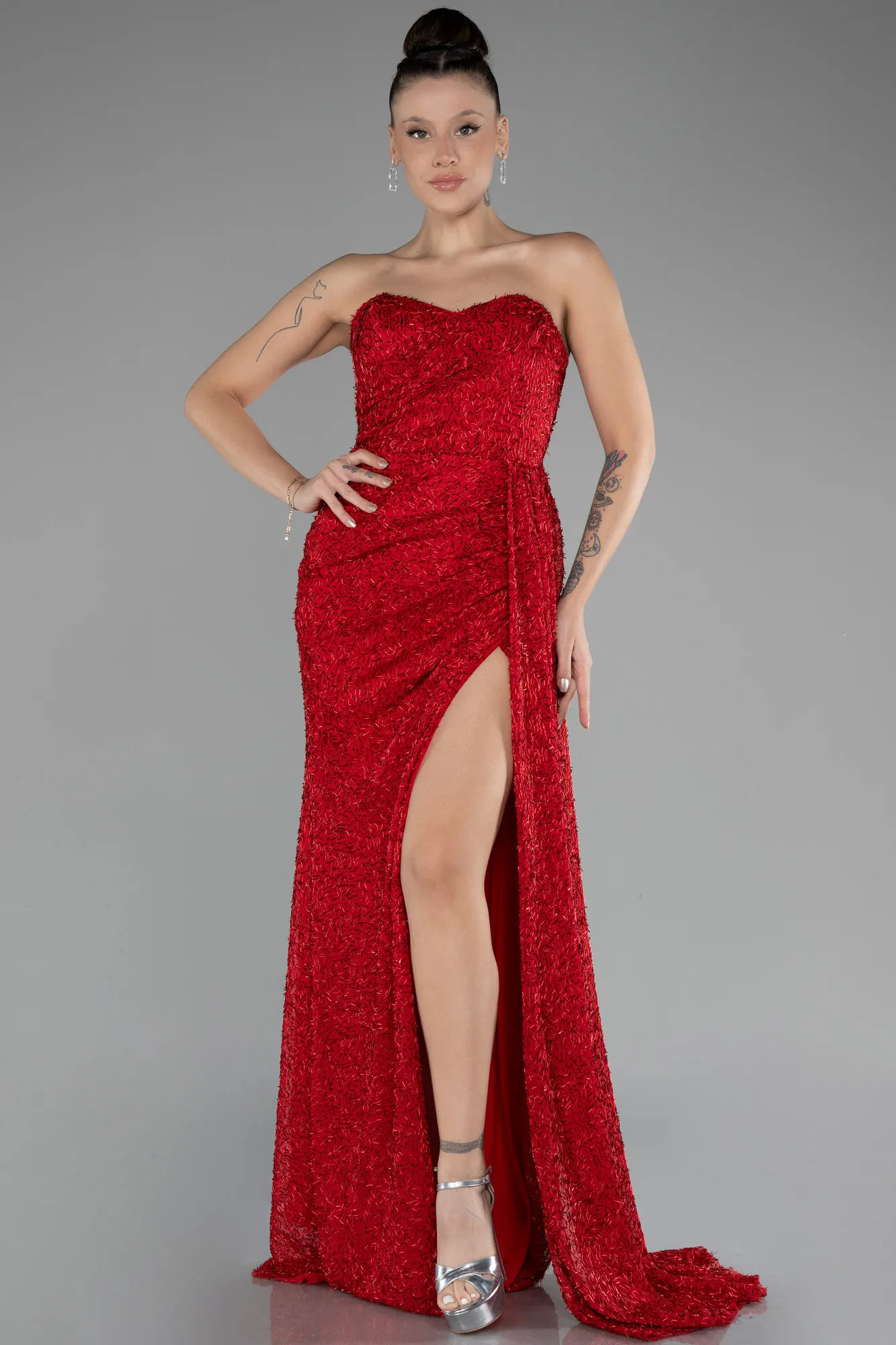 Red-Strapless Slit Beaded Long Evening Gown ABU4114