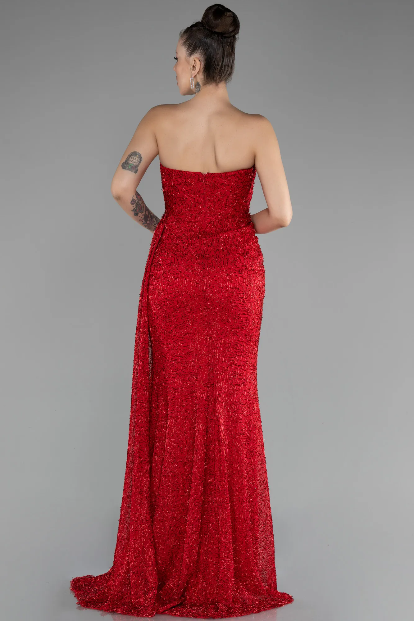 Red-Strapless Slit Beaded Long Evening Gown ABU4114