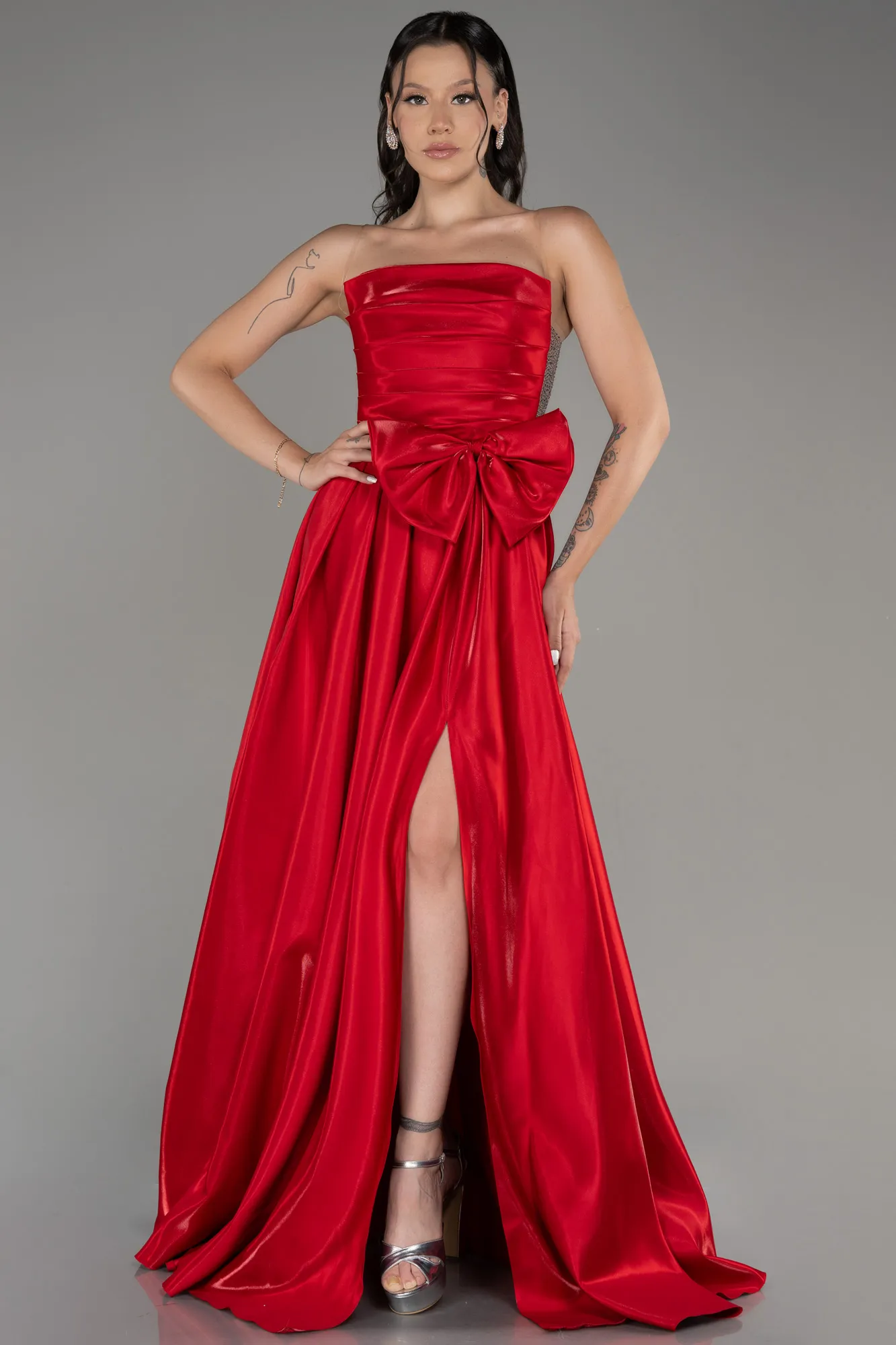 Red-Strapless Slit Long Ball Gown ABU4015