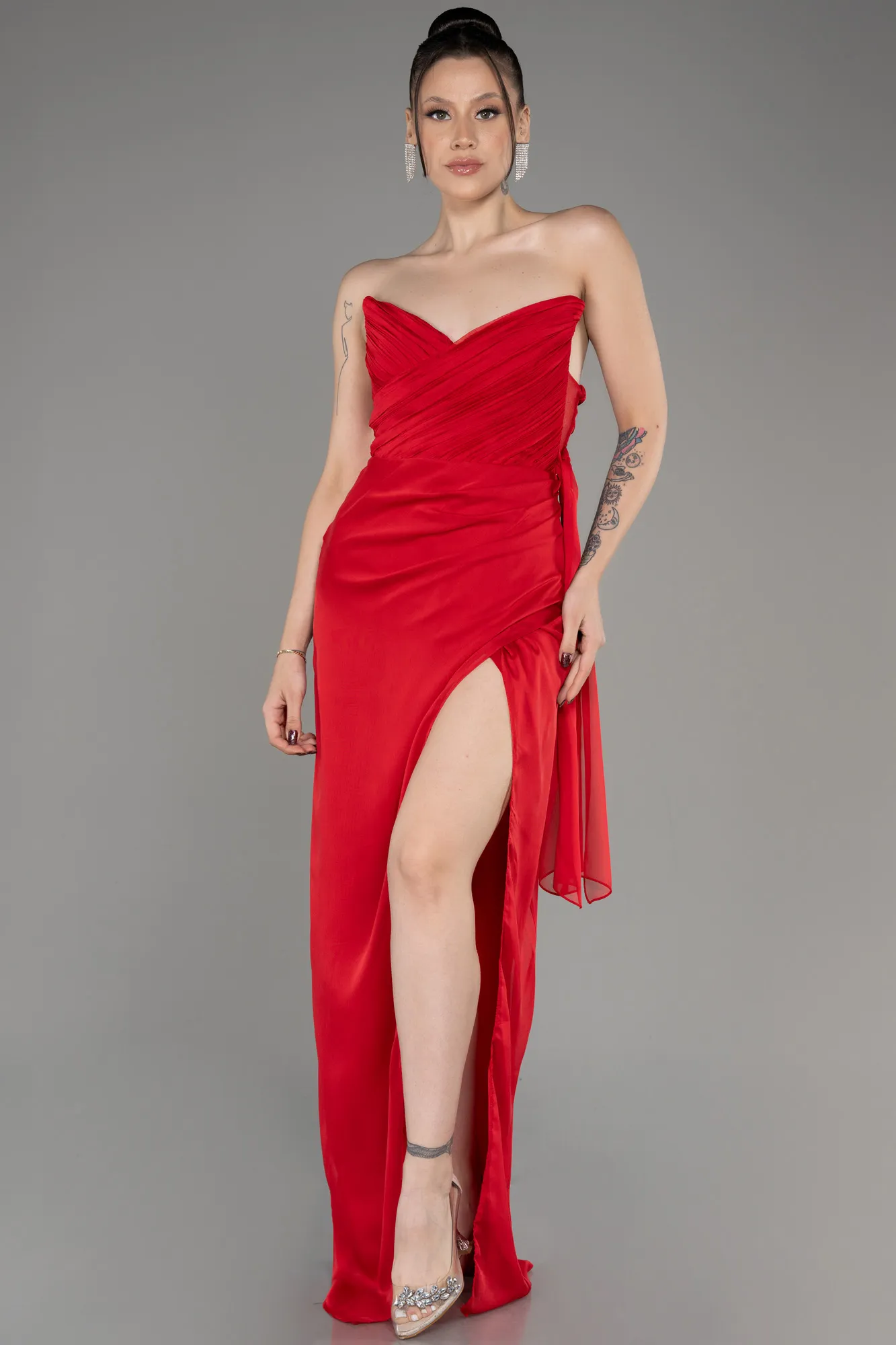 Red-Strapless Slit Long Chiffon Evening Dress ABU3947