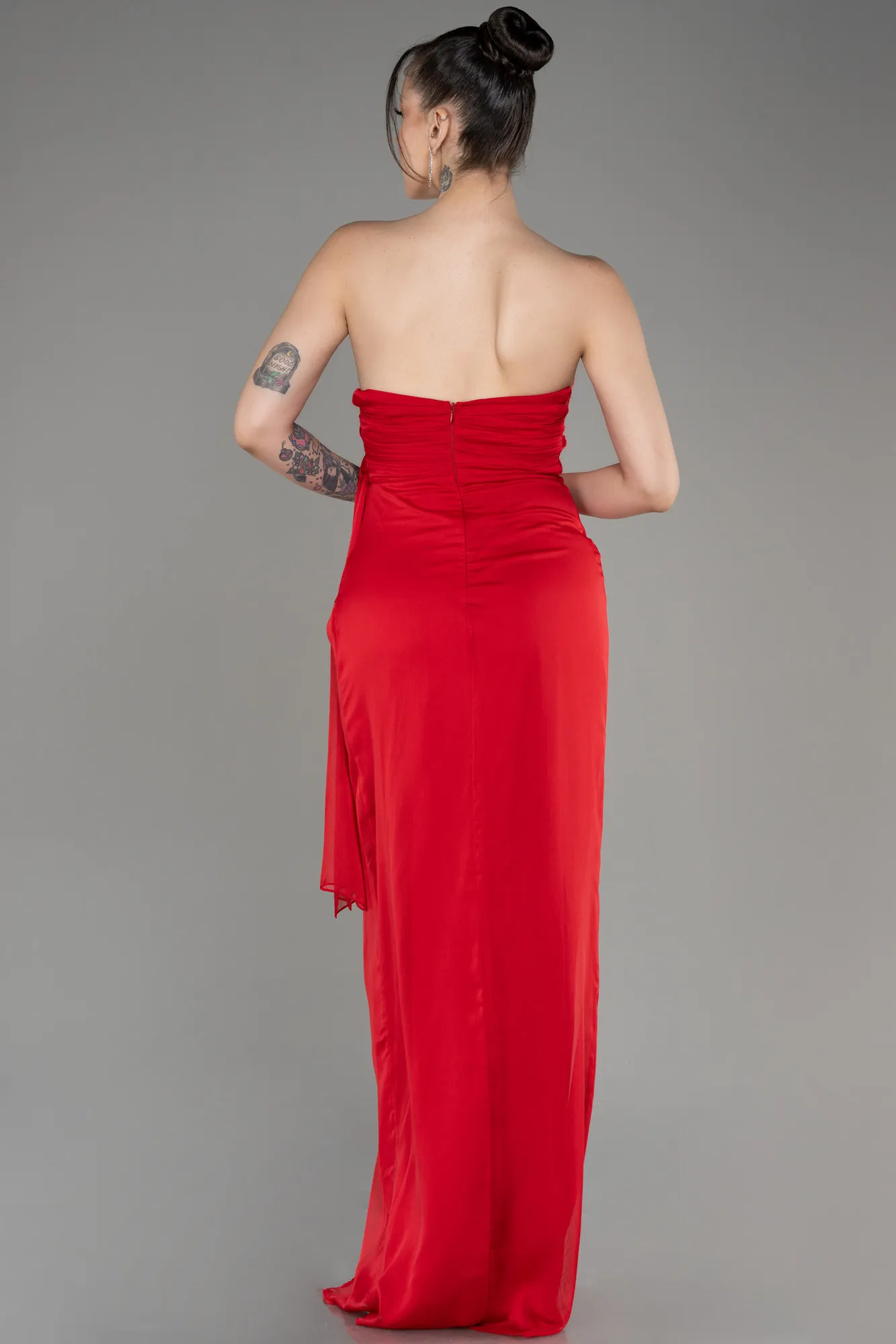 Red-Strapless Slit Long Chiffon Evening Dress ABU3947