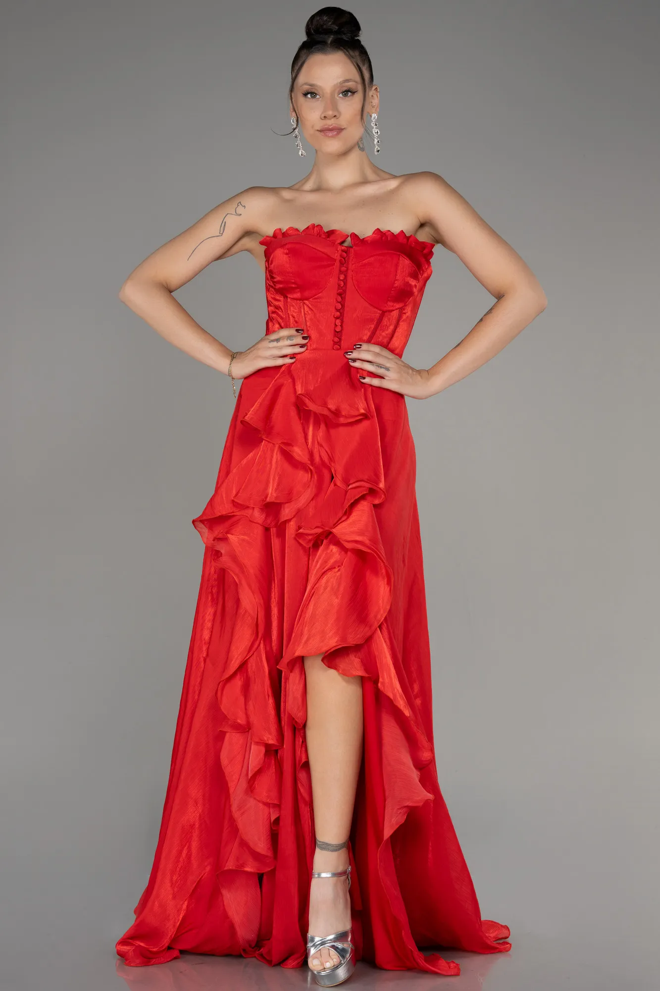 Red-Strapless Slit Long Chiffon Prom Dress ABU4012