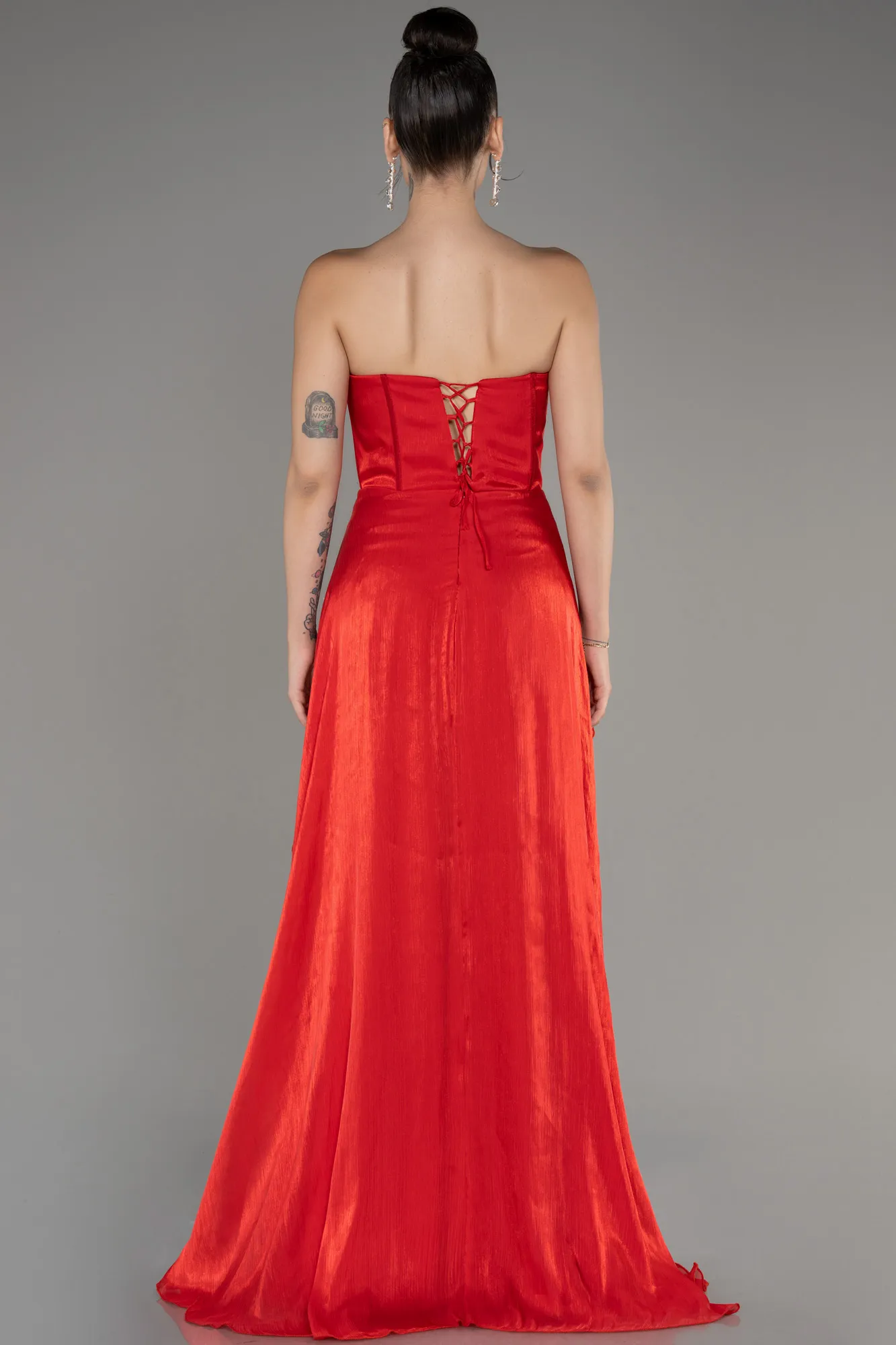 Red-Strapless Slit Long Chiffon Prom Dress ABU4012