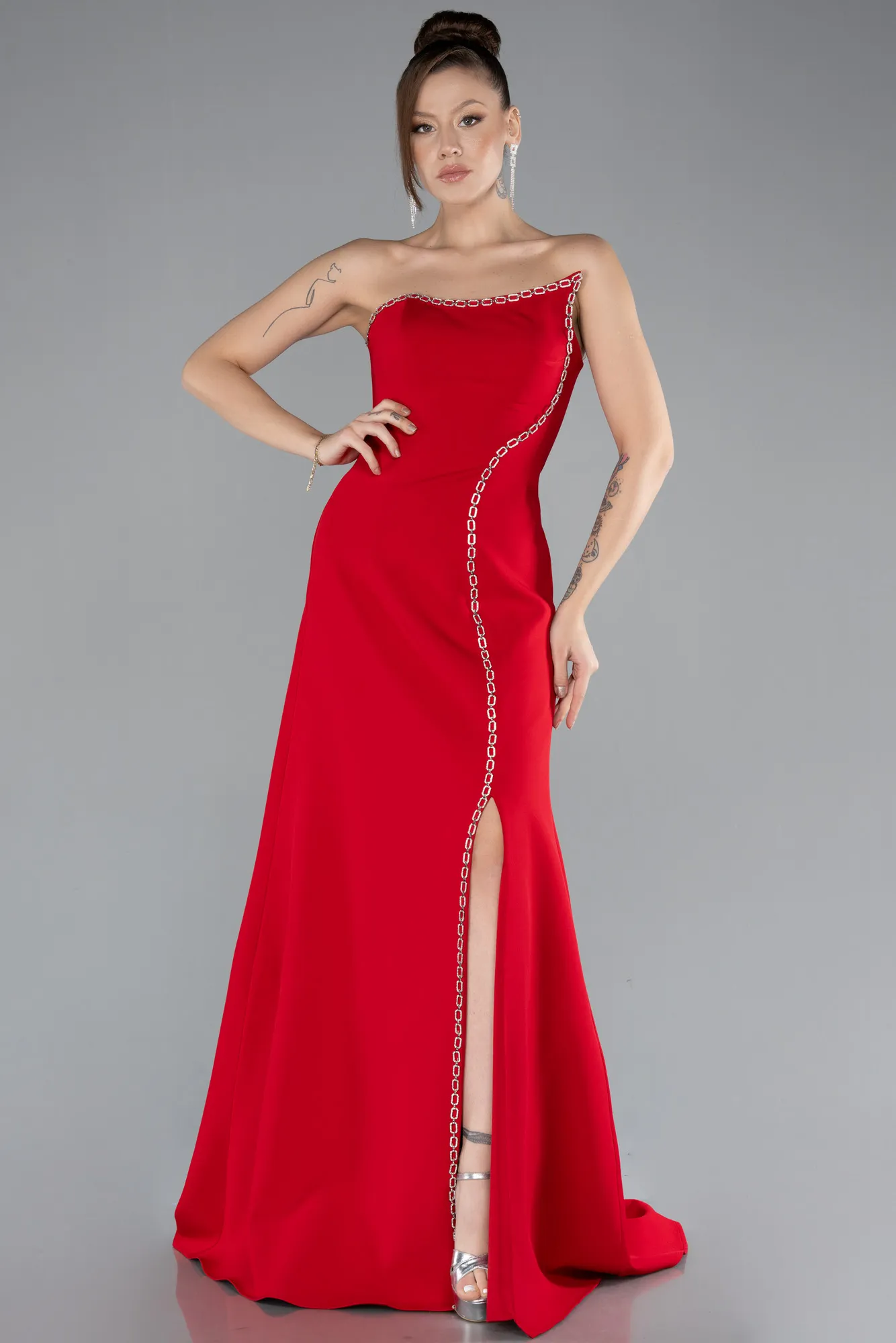 Red-Strapless Slit Long Evening Gown ABU4510