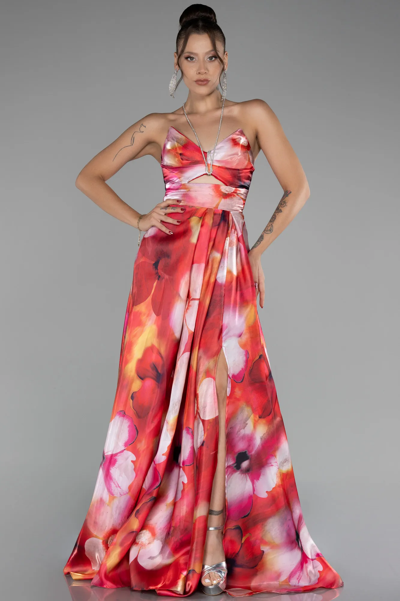 Red-Strapless Slit Long Printed Evening Gown ABU4156