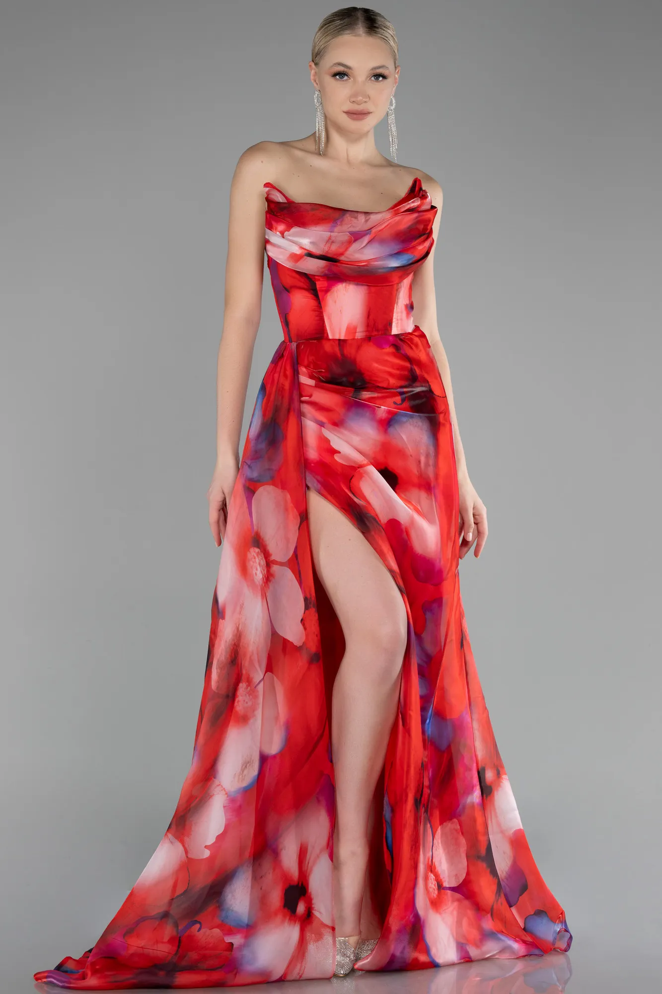 Red-Strapless Slit Long Printed Satin Prom Dress ABU4169