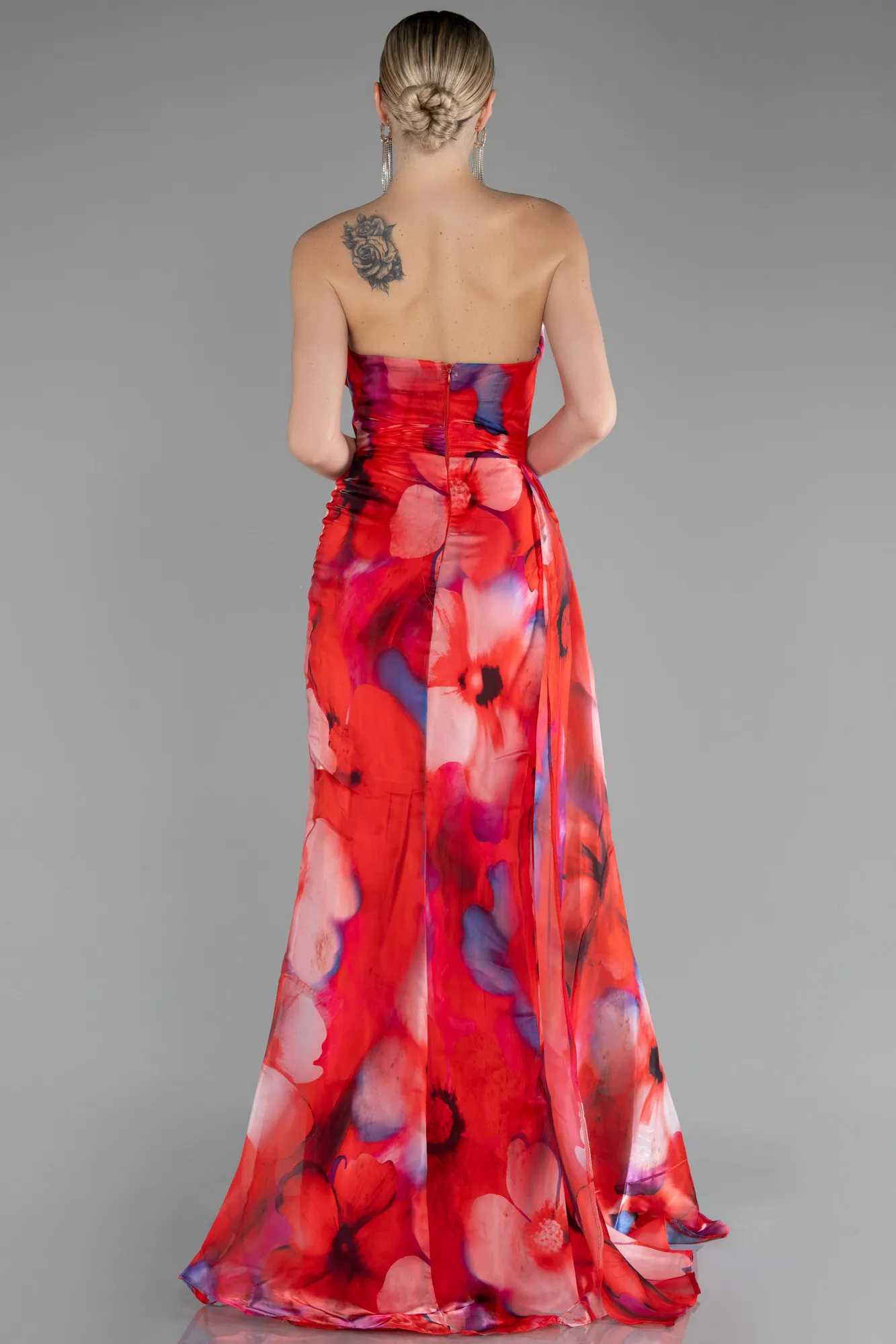 Red-Strapless Slit Long Printed Satin Prom Dress ABU4169